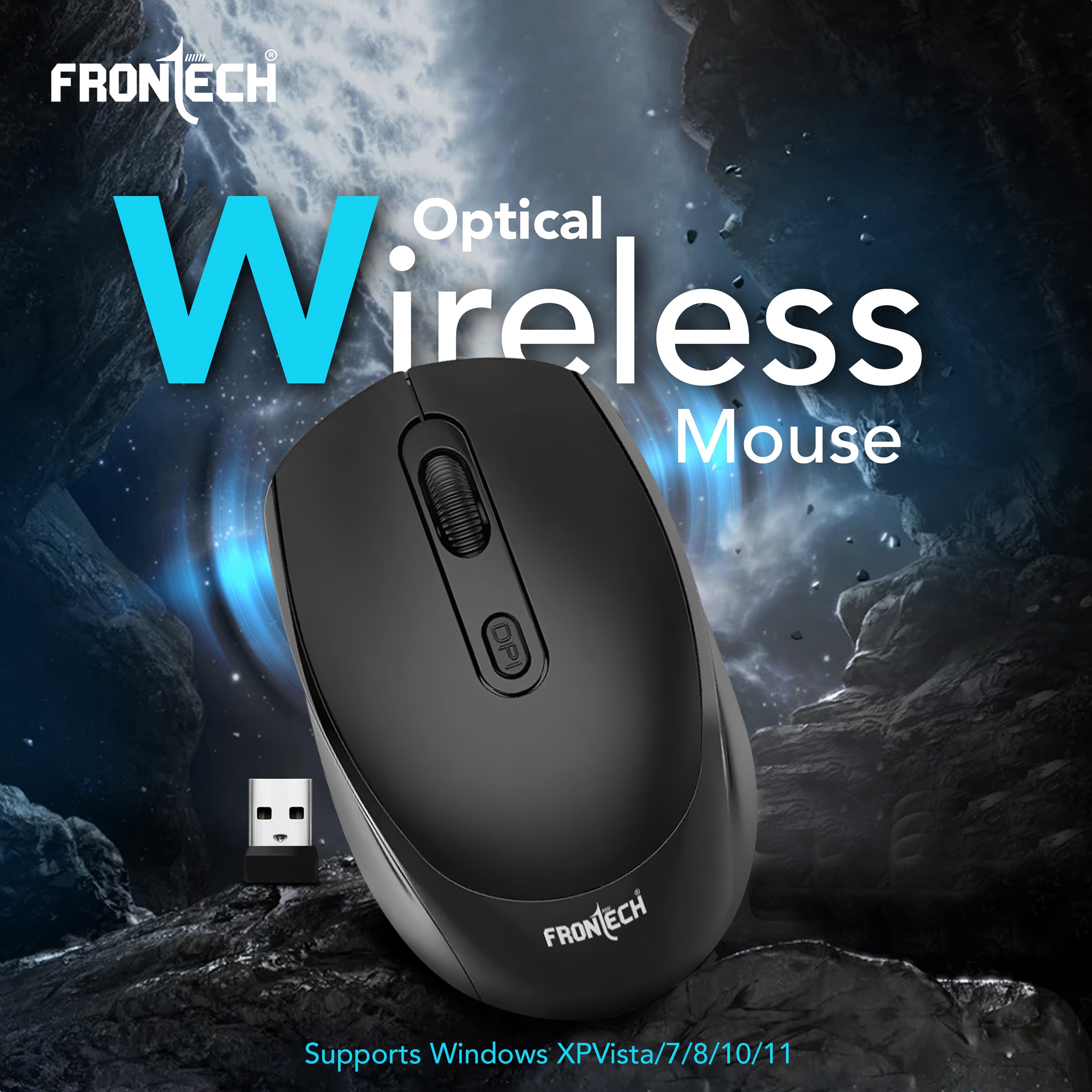 Frontech Wireless Optical Mouse | 2.4GHz | Adjustable DPI up to 1600 | USB Nano Receiver | Ergonomic Design | Compatible with Windows XP/Vista/7/8/10/11 – (MS-0073)