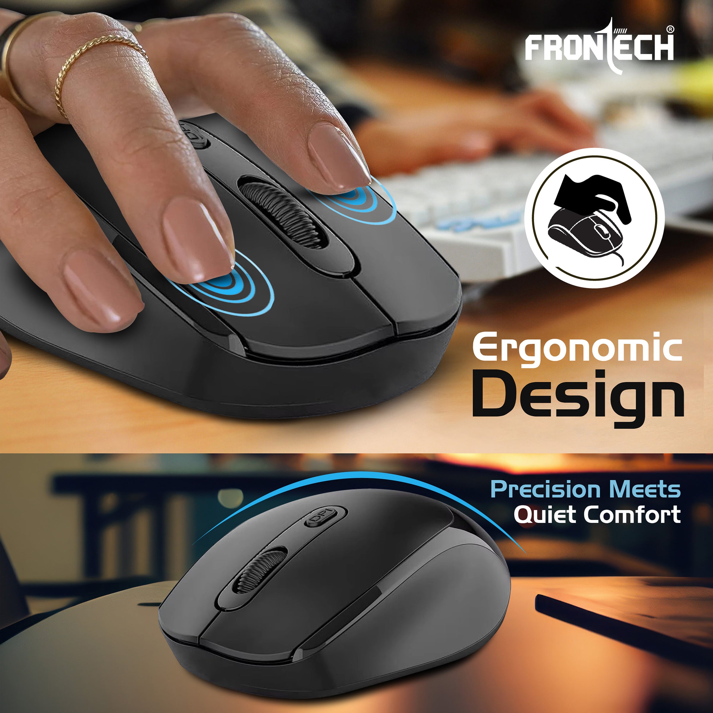 Frontech Wireless Optical Mouse | 2.4GHz | Adjustable DPI up to 1600 | USB Nano Receiver | Ergonomic Design | Compatible with Windows XP/Vista/7/8/10/11 – (MS-0073)