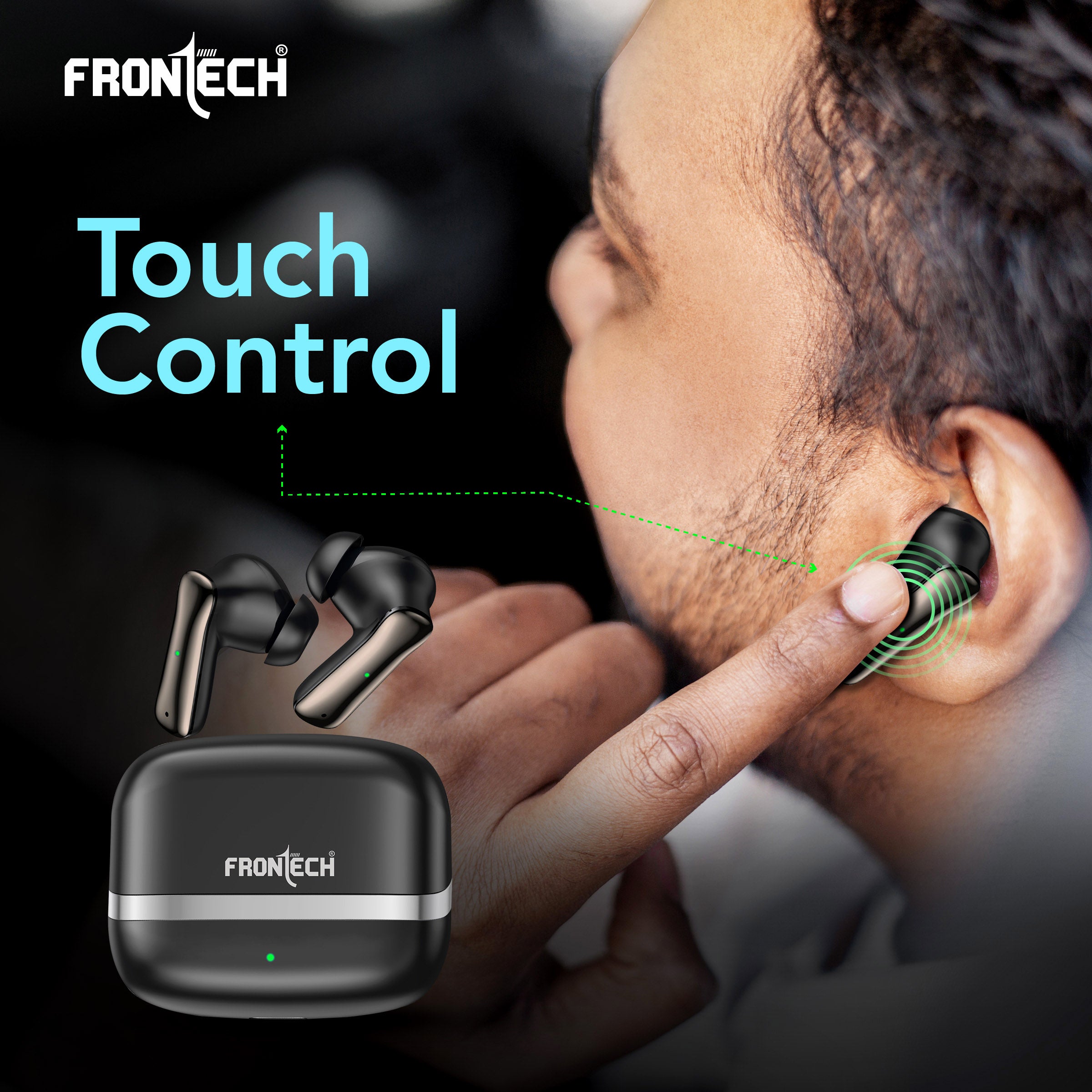 Frontech NEOBUD True Wireless Earbuds | Bluetooth 5.3 | 35H Playback | Type-C Fast Charging | Touch Control | Sweat-Proof Design (EF-0075BLK)