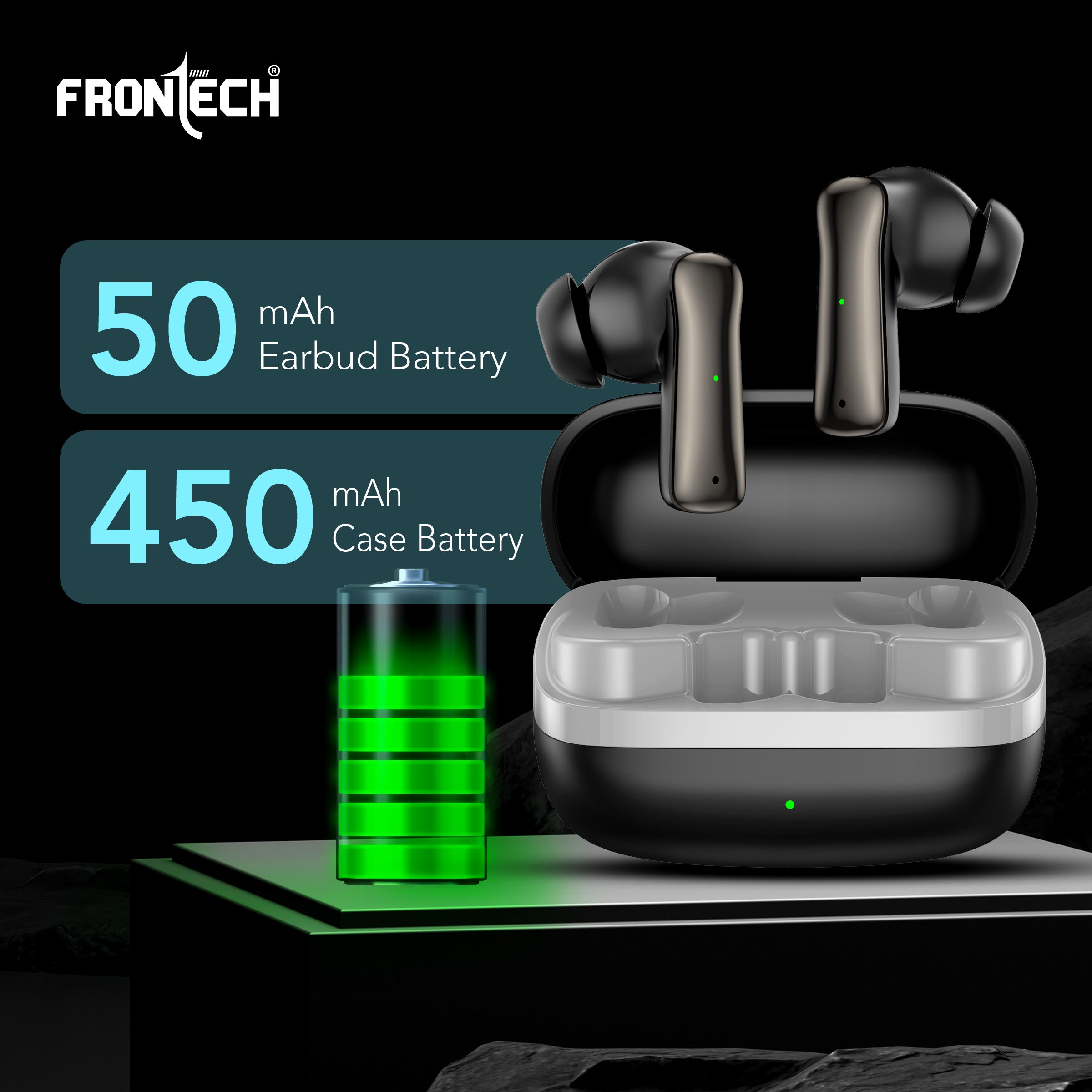 Frontech NEOBUD True Wireless Earbuds | Bluetooth 5.3 | 35H Playback | Type-C Fast Charging | Touch Control | Sweat-Proof Design (EF-0075BLK)