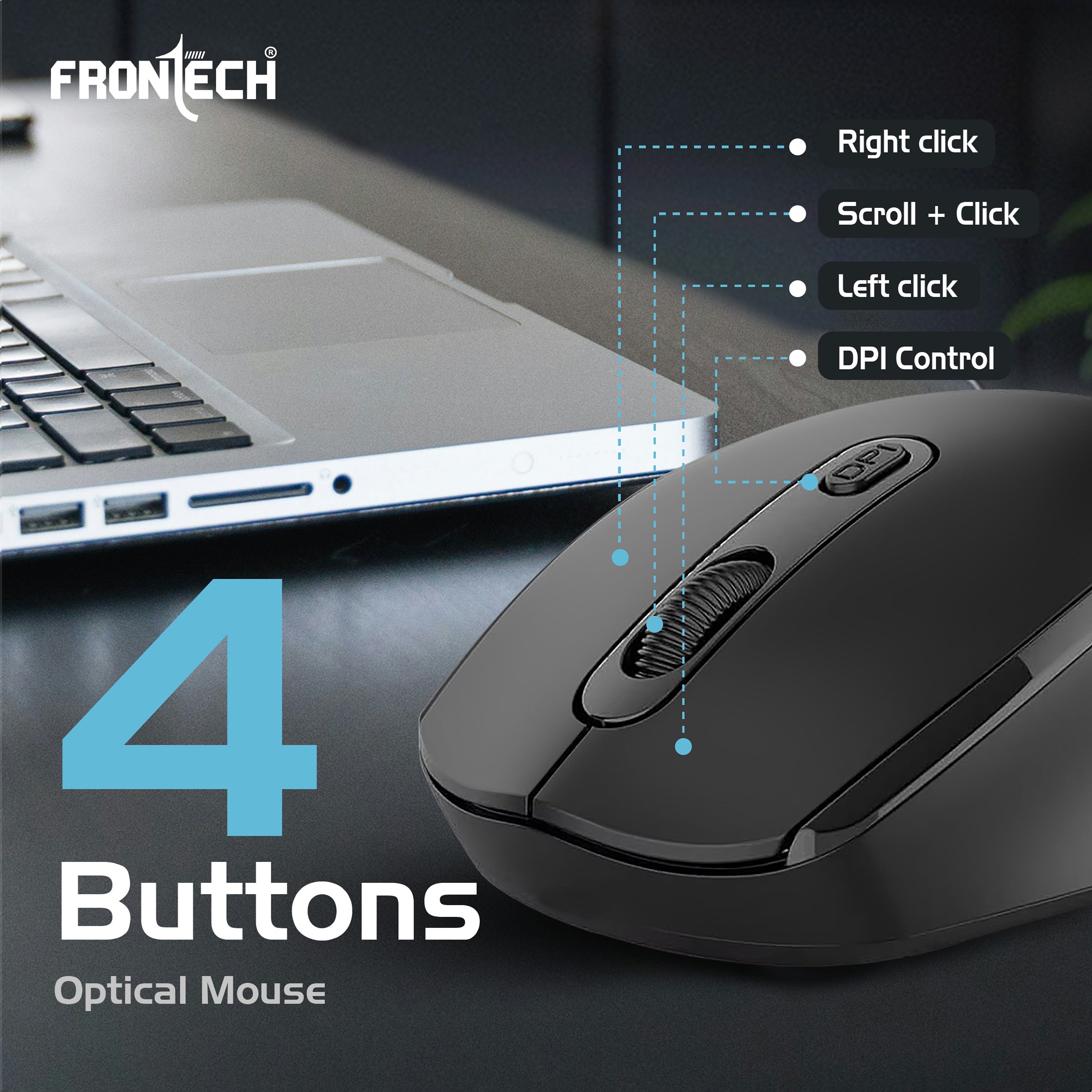 Frontech Wireless Optical Mouse | 2.4GHz | Adjustable DPI up to 1600 | USB Nano Receiver | Ergonomic Design | Compatible with Windows XP/Vista/7/8/10/11 – (MS-0073)
