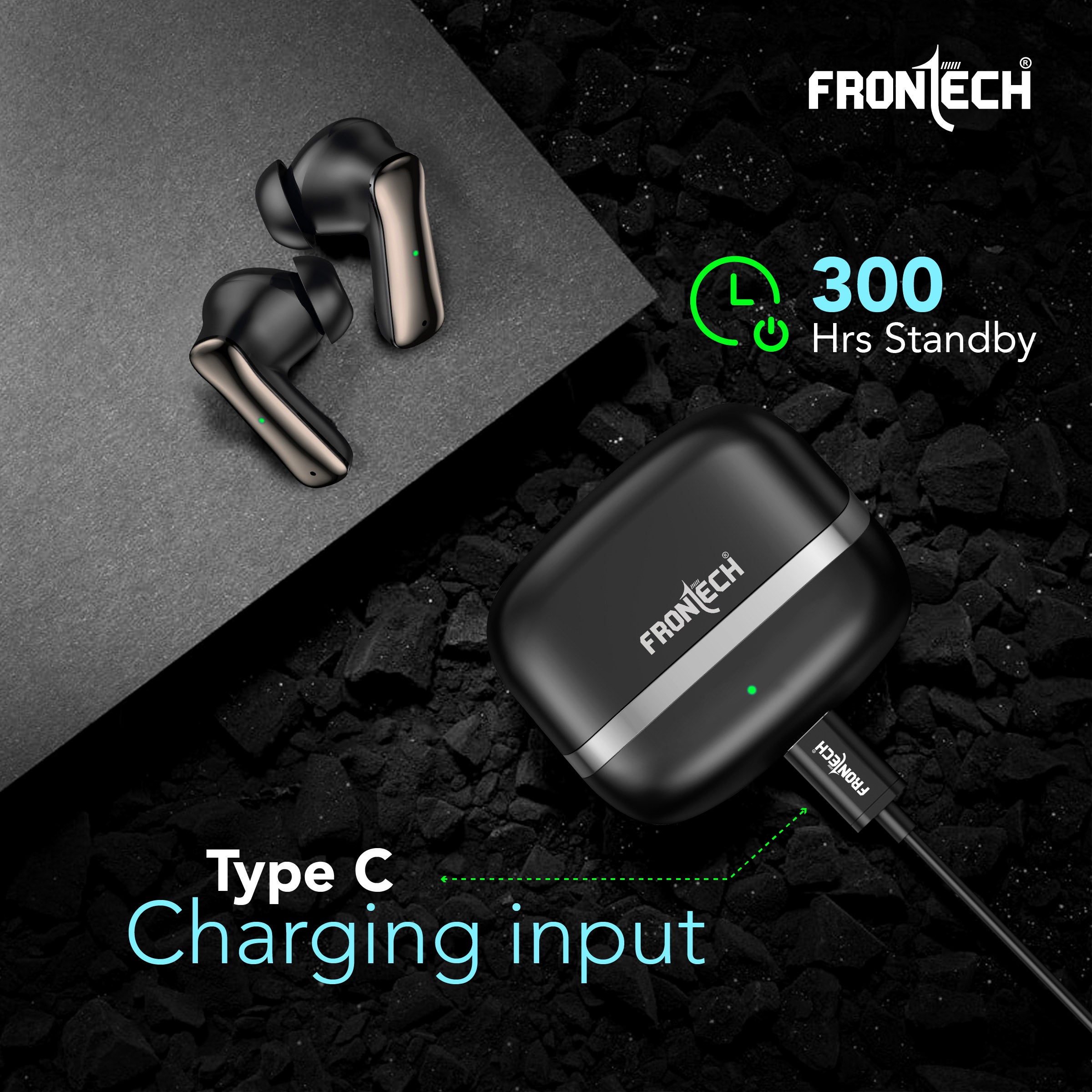 Frontech NEOBUD True Wireless Earbuds | Bluetooth 5.3 | 35H Playback | Type-C Fast Charging | Touch Control | Sweat-Proof Design (EF-0075BLK)