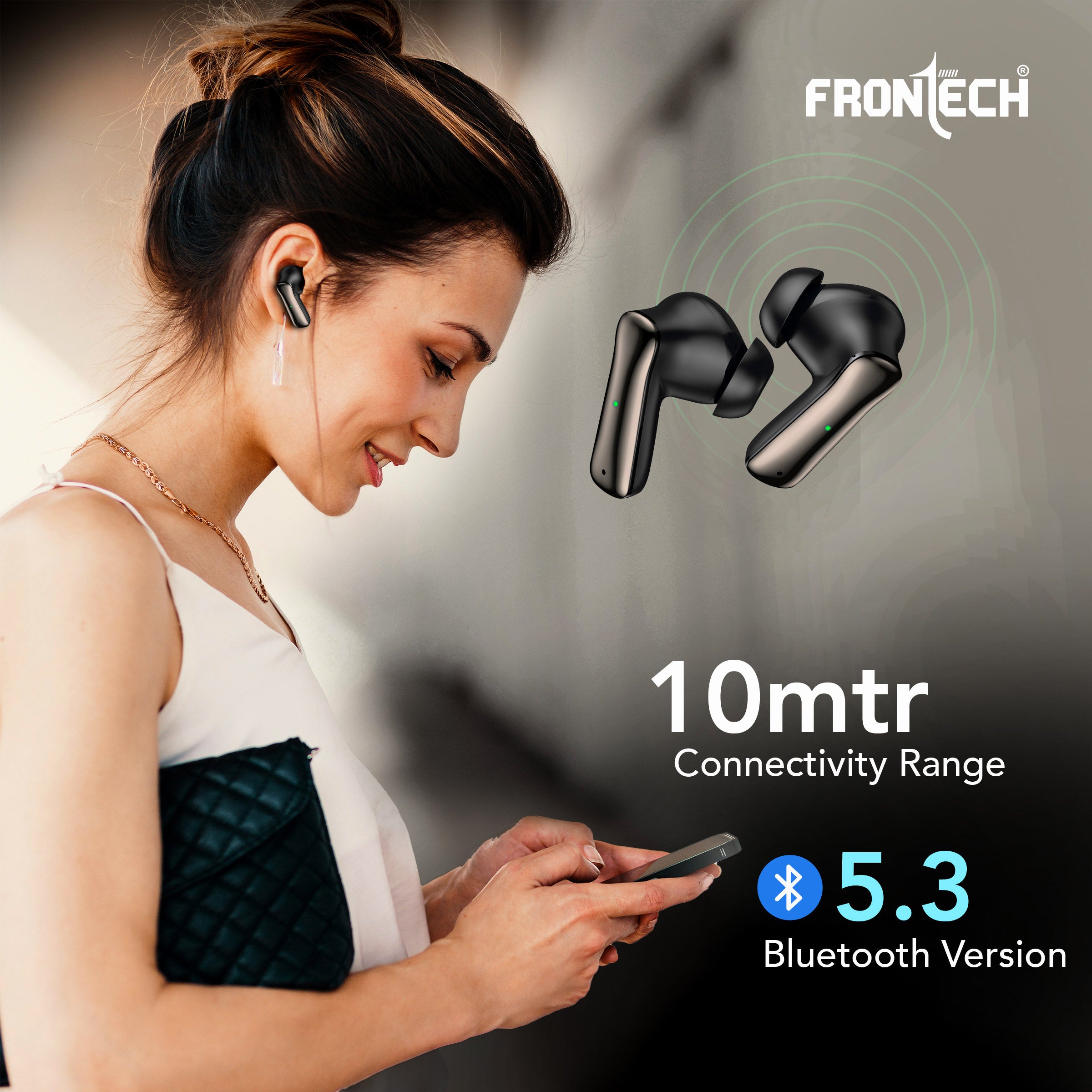 Frontech NEOBUD True Wireless Earbuds | Bluetooth 5.3 | 35H Playback | Type-C Fast Charging | Touch Control | Sweat-Proof Design (EF-0075BLK)