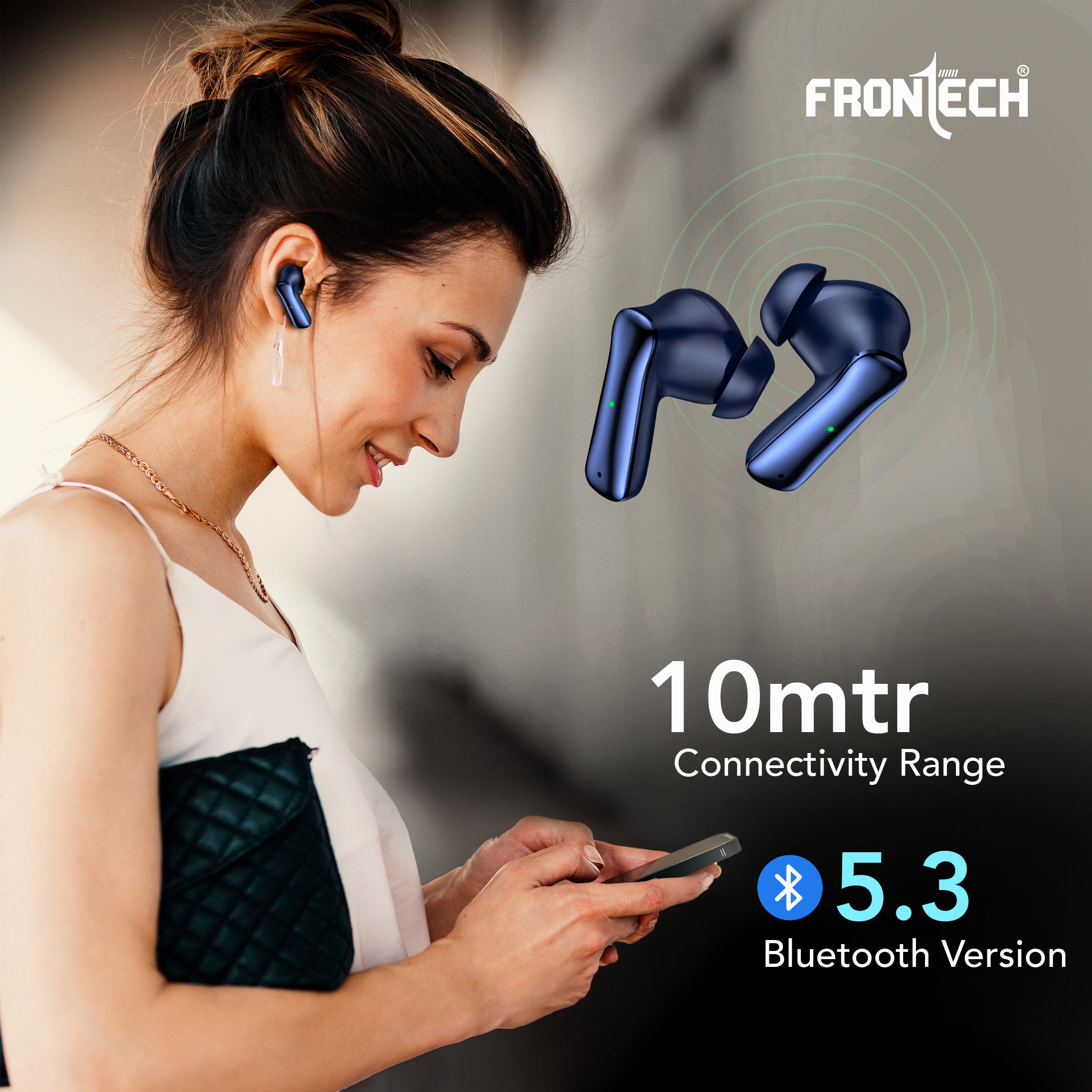 Frontech NEOBUD True Wireless Earbuds | Bluetooth 5.3 | 35H Playback | Type-C Fast Charging | Touch Control | Sweat-Proof Design (EF-0075BLU)