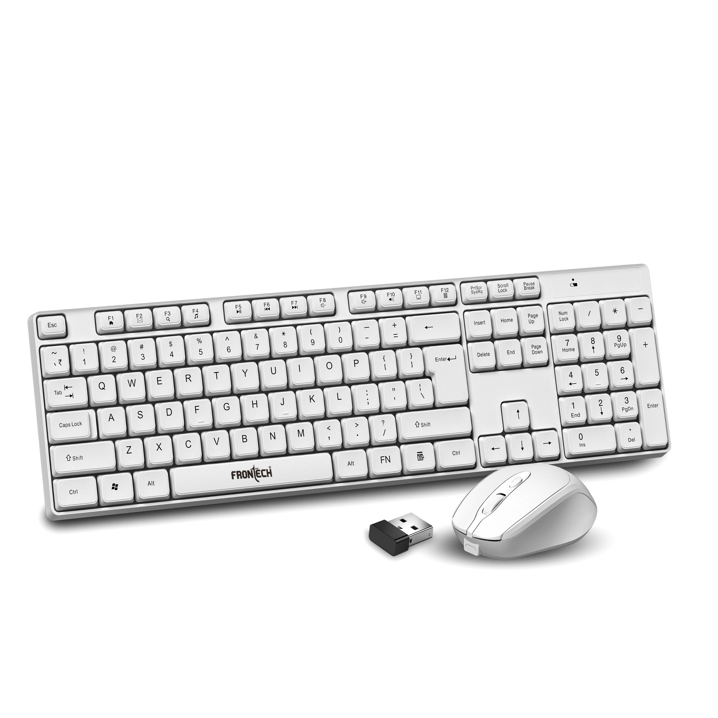 Frontech 2.4Ghz Rechargeable Wireless Keyboard and Mouse|104 Keys|1600 DPI|KB-0031| Combo Set (White)
