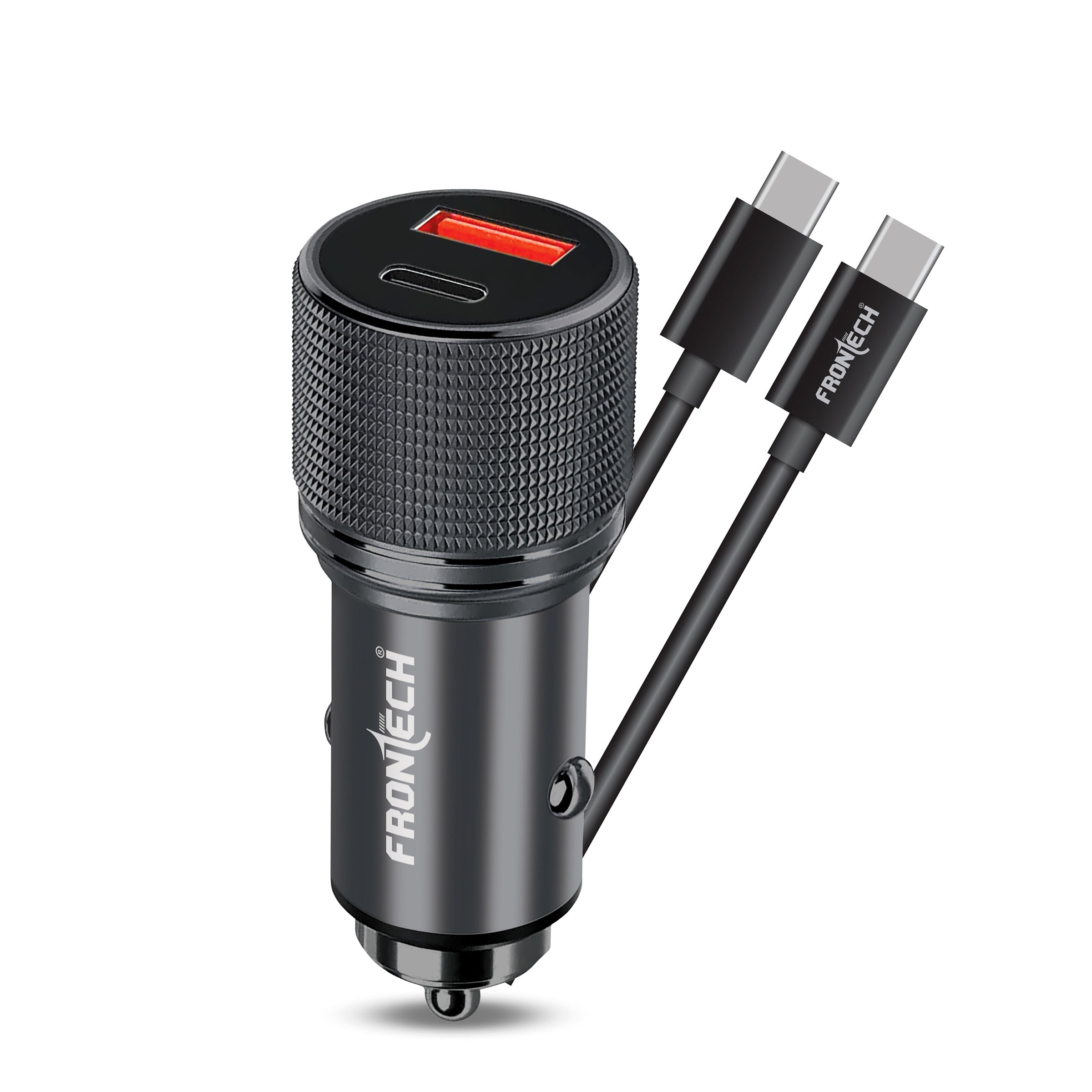 Frontech 38W Metal Car Charger Adapter with Dual Output. Quick Charge, Type C PD 20W & Qualcomm 18W Certified 3.0 Compatible for iPhone, All Smartphones, Tablets & More, Black