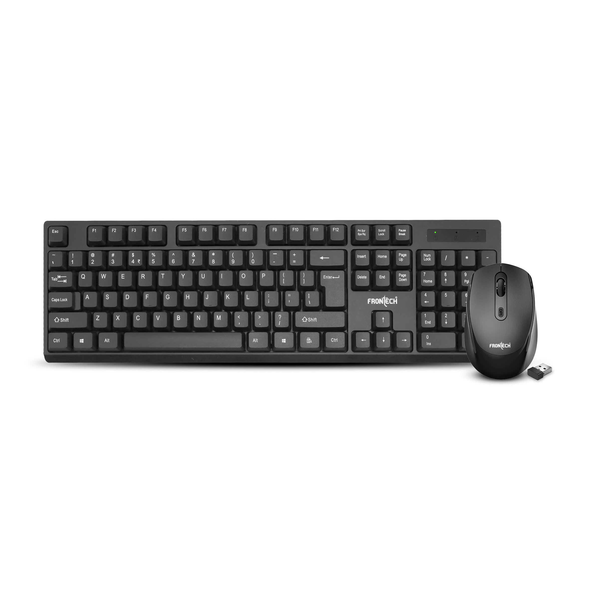 FRONTECH KB-0028P Wireless Keyboard and Mouse Combo | 2.4GHz Connectivity | 104 Keys | 1600 DPI Mouse | Ergonomic Design | USB Nano Receiver | Compatible with Laptop & PC | Black