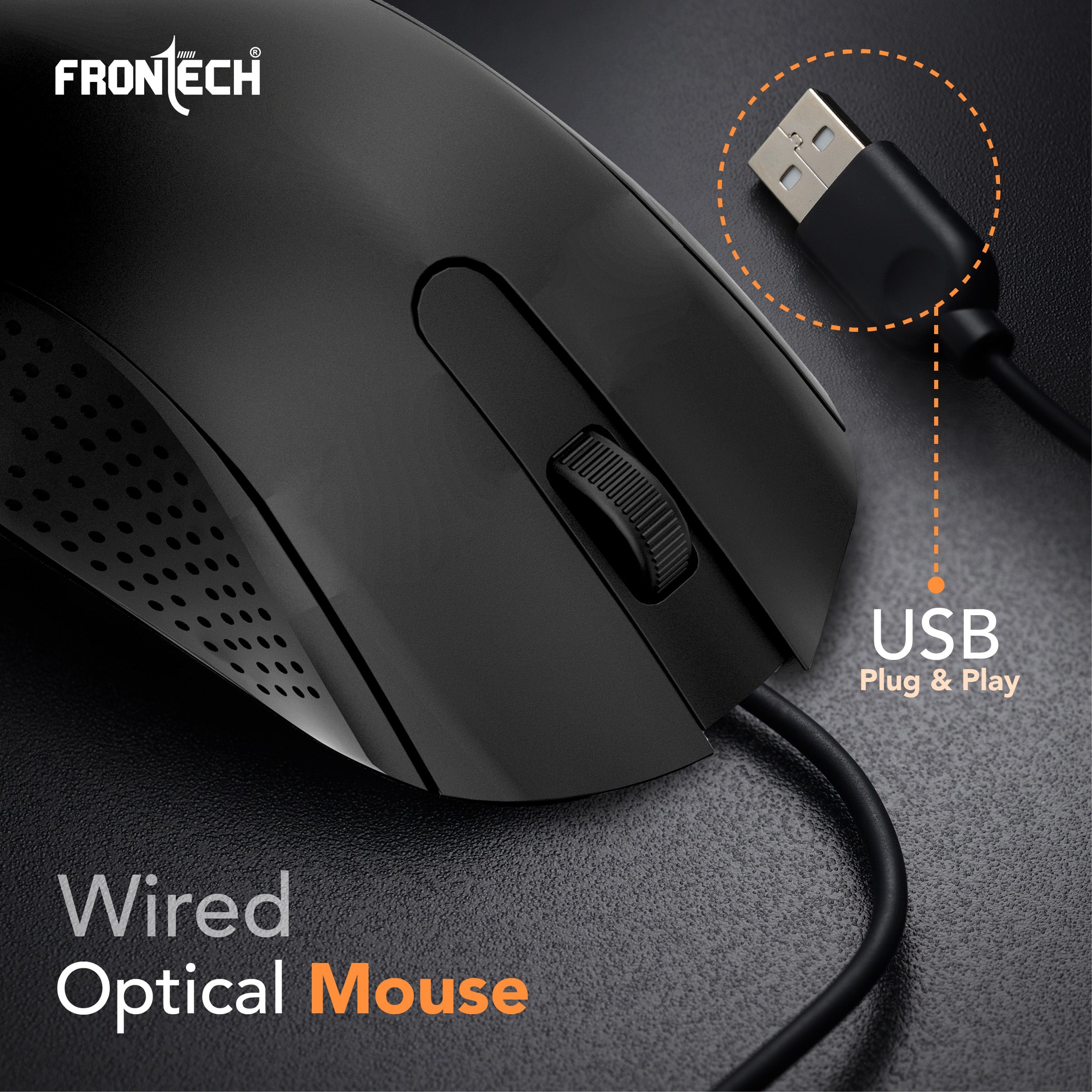 Frontech Wired USB Mouse | 3 Handy Buttons | Scroll Wheel 1200 DPI | MS-0102 Wired Optical Mouse (USB 2.0, Black)
