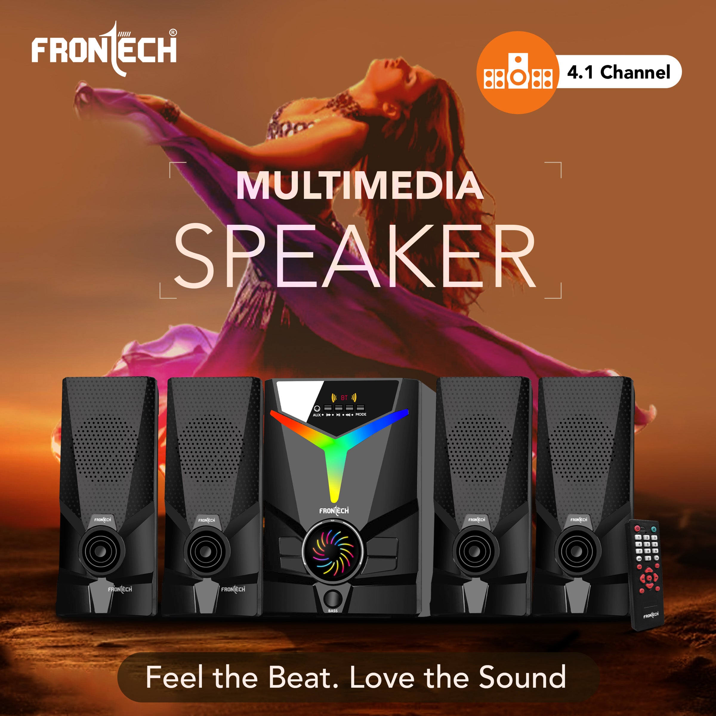 FRONTECH 60W Bluetooth 5.0 Multimedia Speaker| Powerful Bass | 4.1 Channel |Surround Sound System | USB | AUX | FM Radio | Wireless Remote Control for Home & Office (SW-0155)
