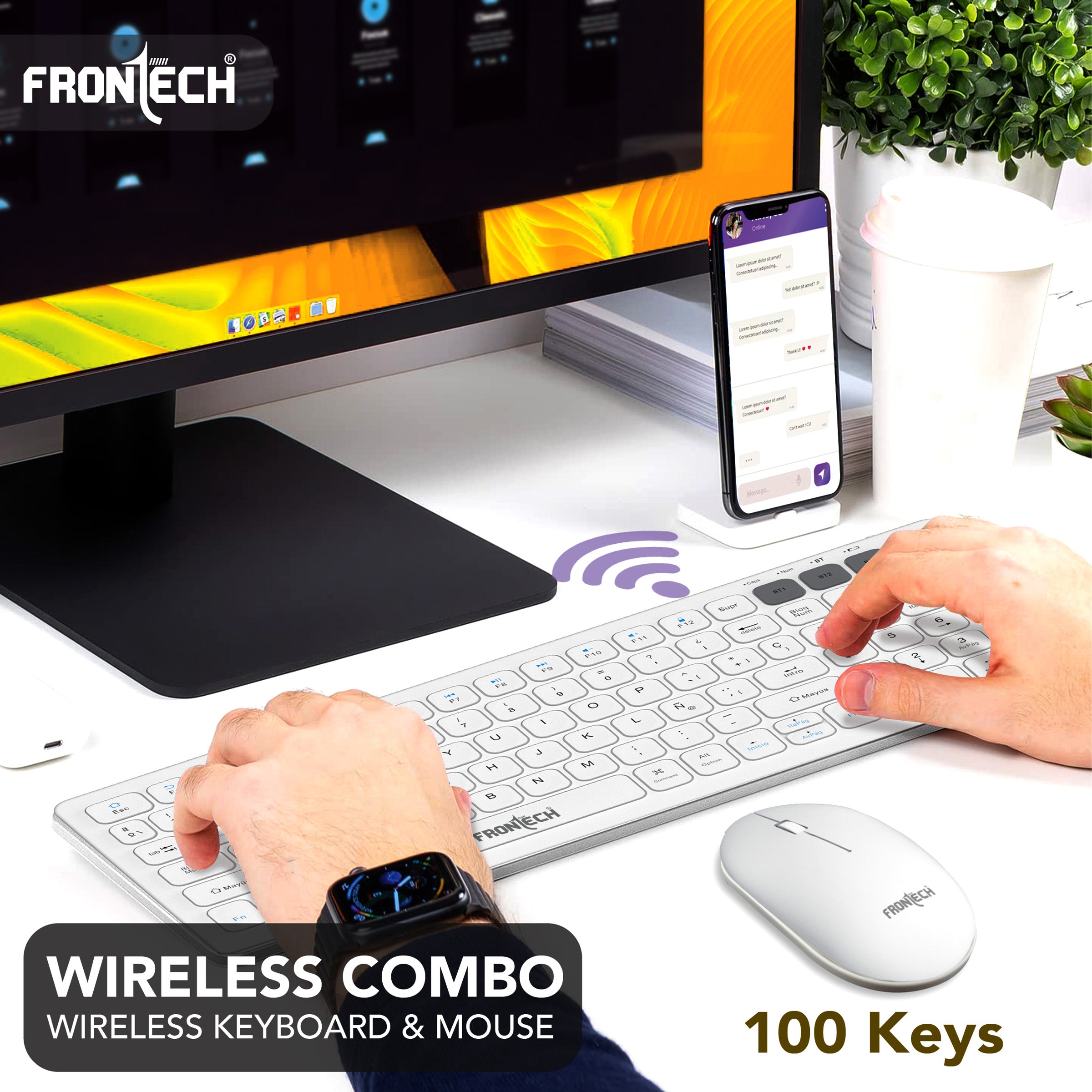 Frontech wireless keyboard & mouse combo | 2.4 Ghz |Transmission with built-in rechargeable battery |Multi-Device connection ( FT-1602A )