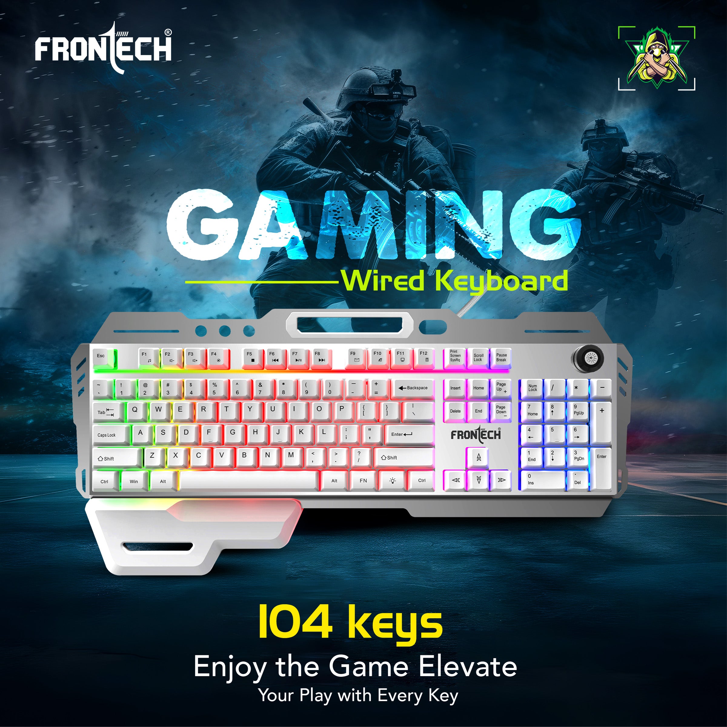 Frontech RGB Gaming Keyboard – Power at Your Fingertips | Game Better, Brighter & Faster | Rainbow Backlight | 19 Anti-Ghosting Keys | Plug & Play | 104-Key Layout (KB-0013P)