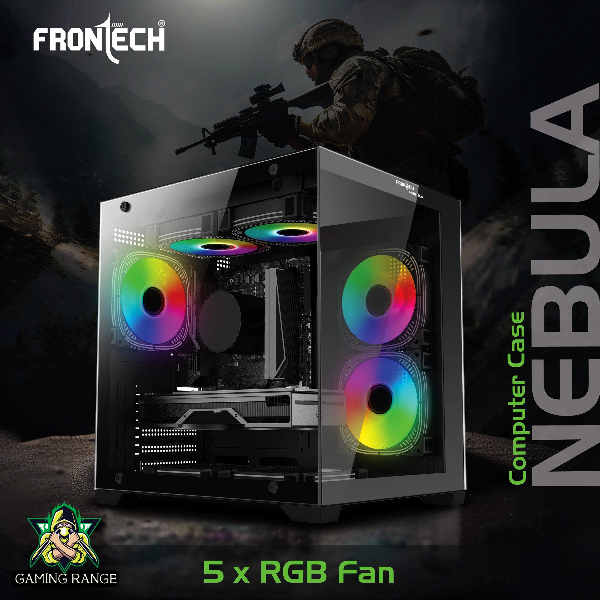 Frontech NEBULA FT-4382 Black Gaming Computer Case with ARGB & Tempered Glass | Dust Filter | USB 3.0 & 1.1 | HD Audio