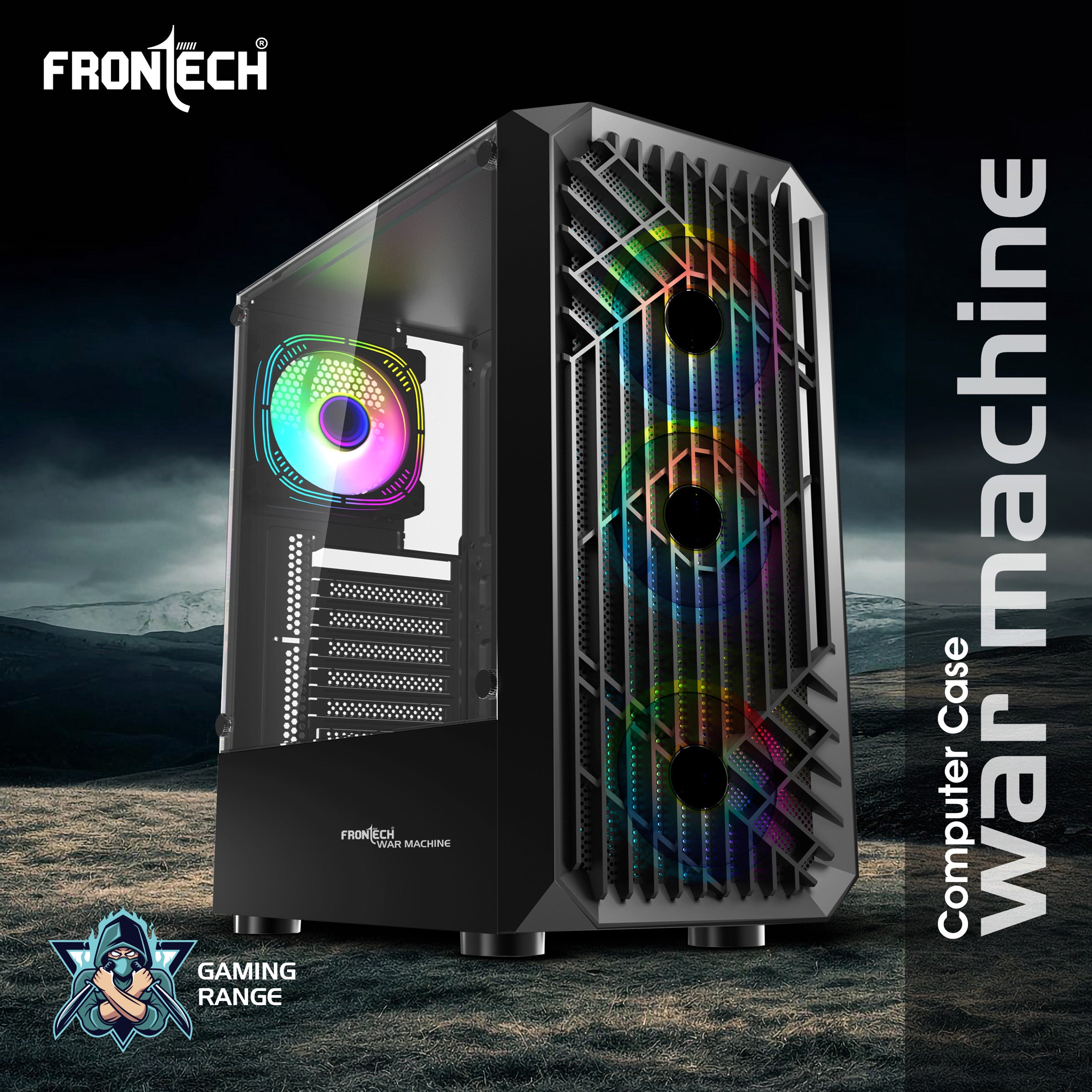 FRONTECH WAR MACHINE FT-4349 Gaming Computer Case with 4x120mm LED Fans & Acrylic Side Panel.