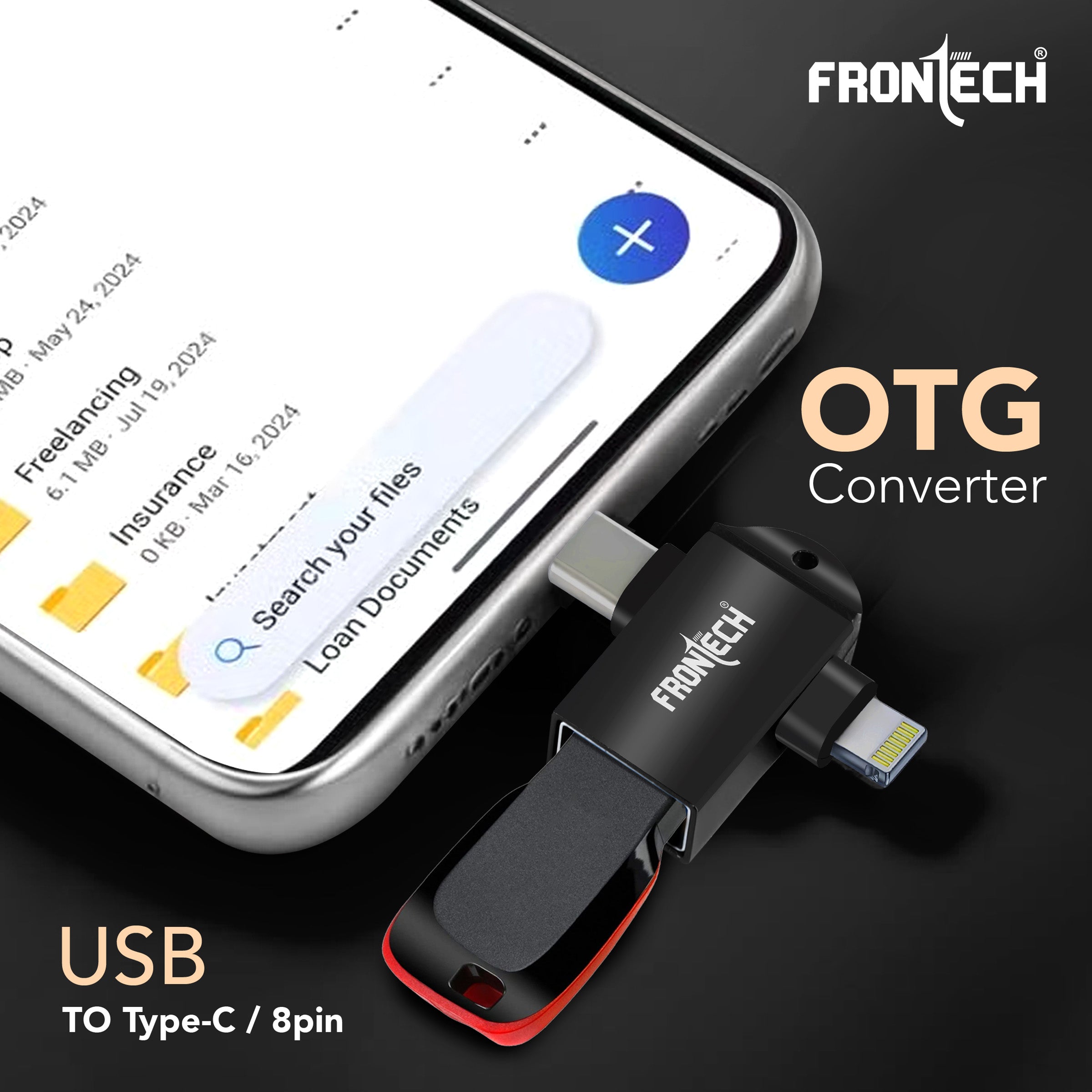Frontech Dual Interface OTG Converter – USB to Type-C & 8-Pin Converter for Android & iOS (NC-0046).