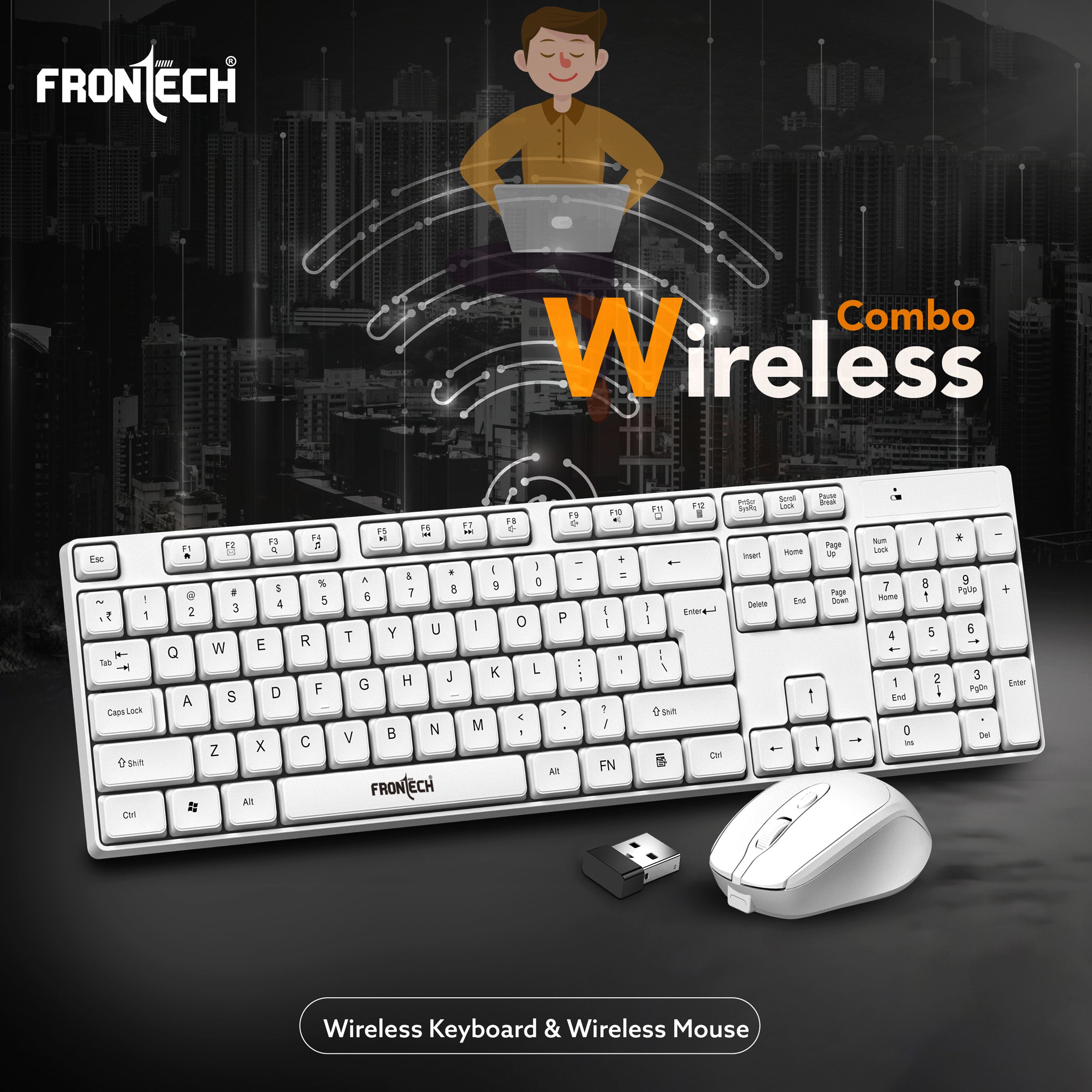 Frontech 2.4Ghz Wireless Keyboard and Mouse|104 Keys|1600 DPI|KB-0031| Combo Set (White)