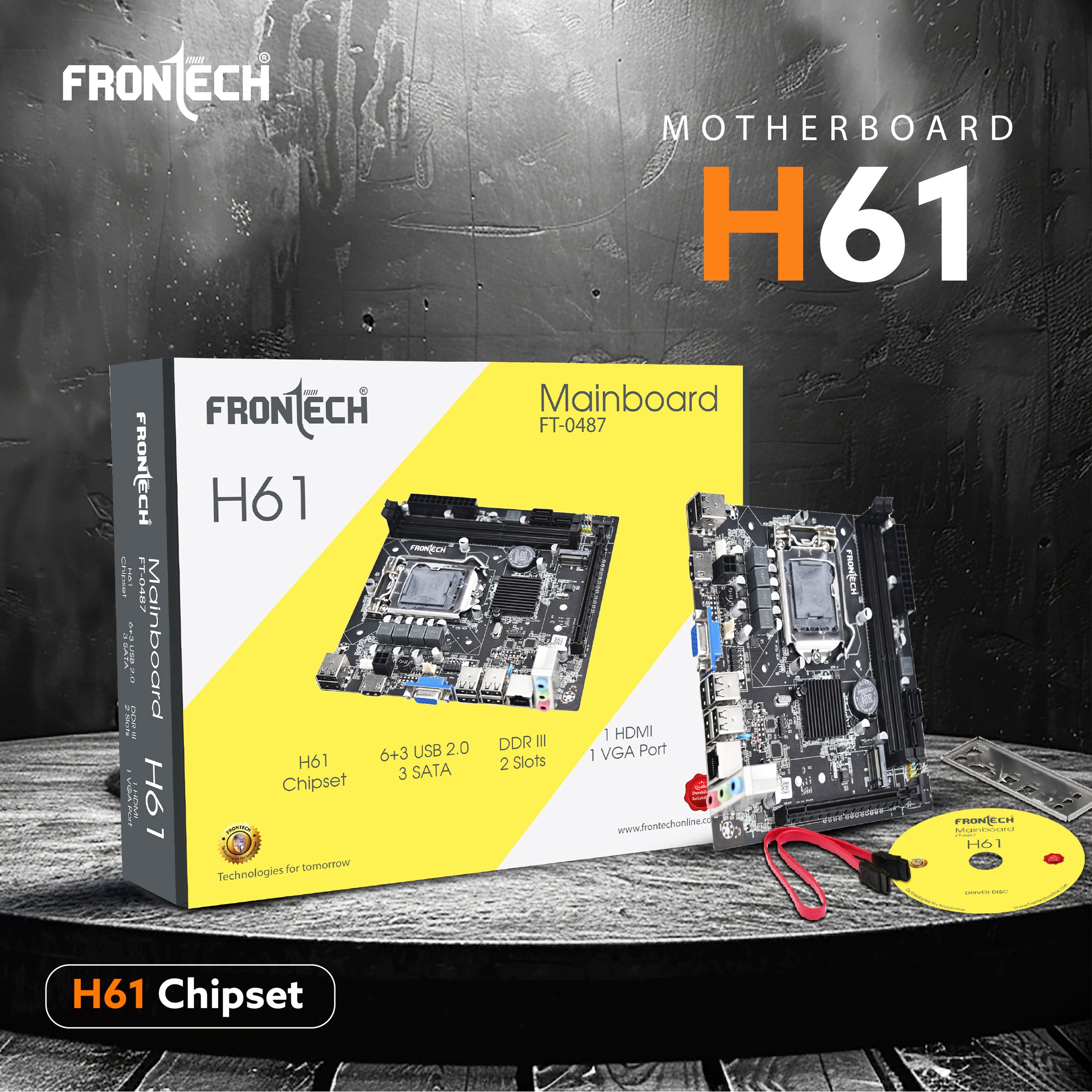 H61 Motherboard | LGA1155, 2xDDR3, Supports Pentium/i3/i5/i7, 6+3 USB, 3xSATA, NVMe/M.2, HDMI, VGA, PCIe x16 (FT-0487)