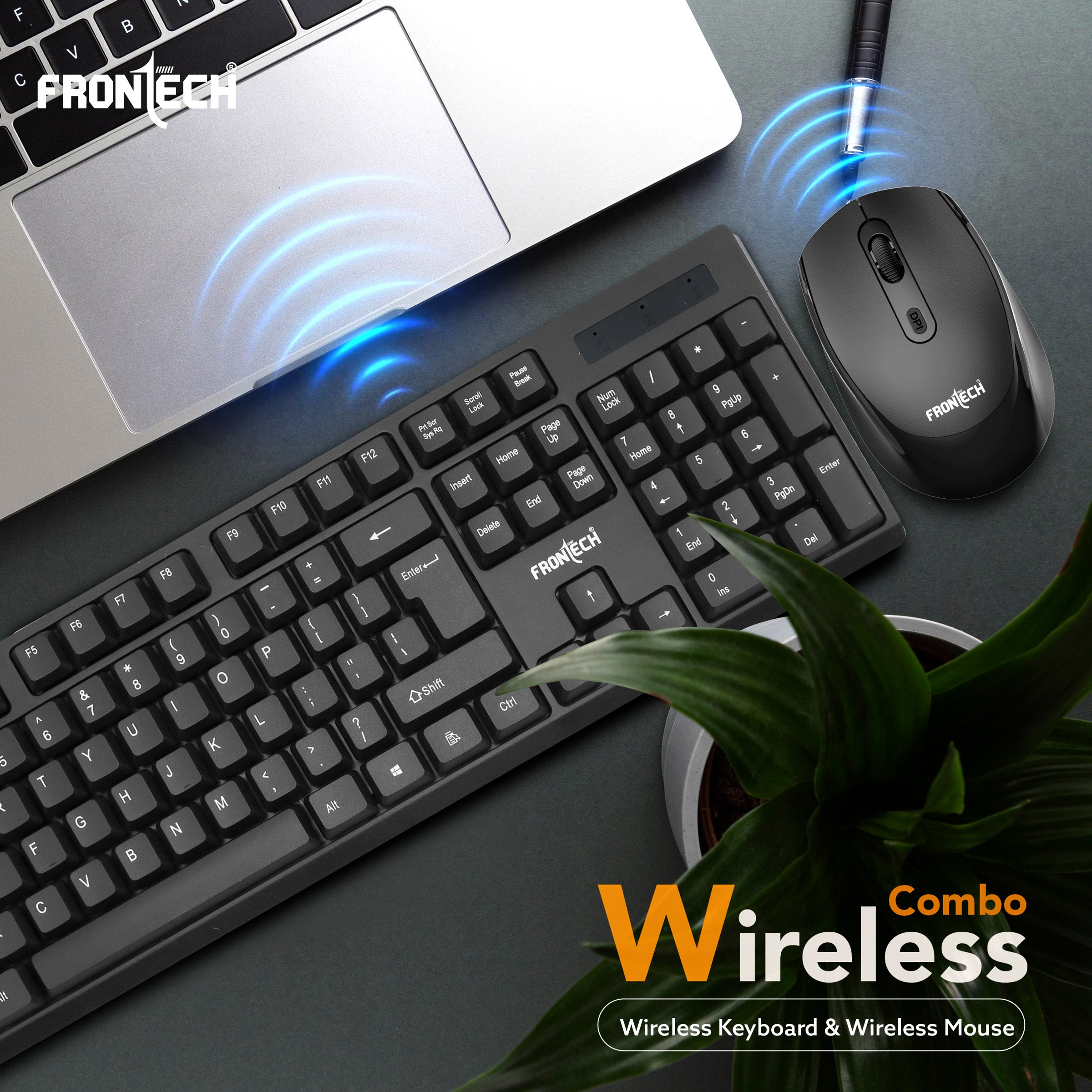 FRONTECH KB-0028P Wireless Keyboard and Mouse Combo | 2.4GHz Connectivity | 104 Keys | 1600 DPI Mouse | Ergonomic Design | USB Nano Receiver | Compatible with Laptop & PC | Black