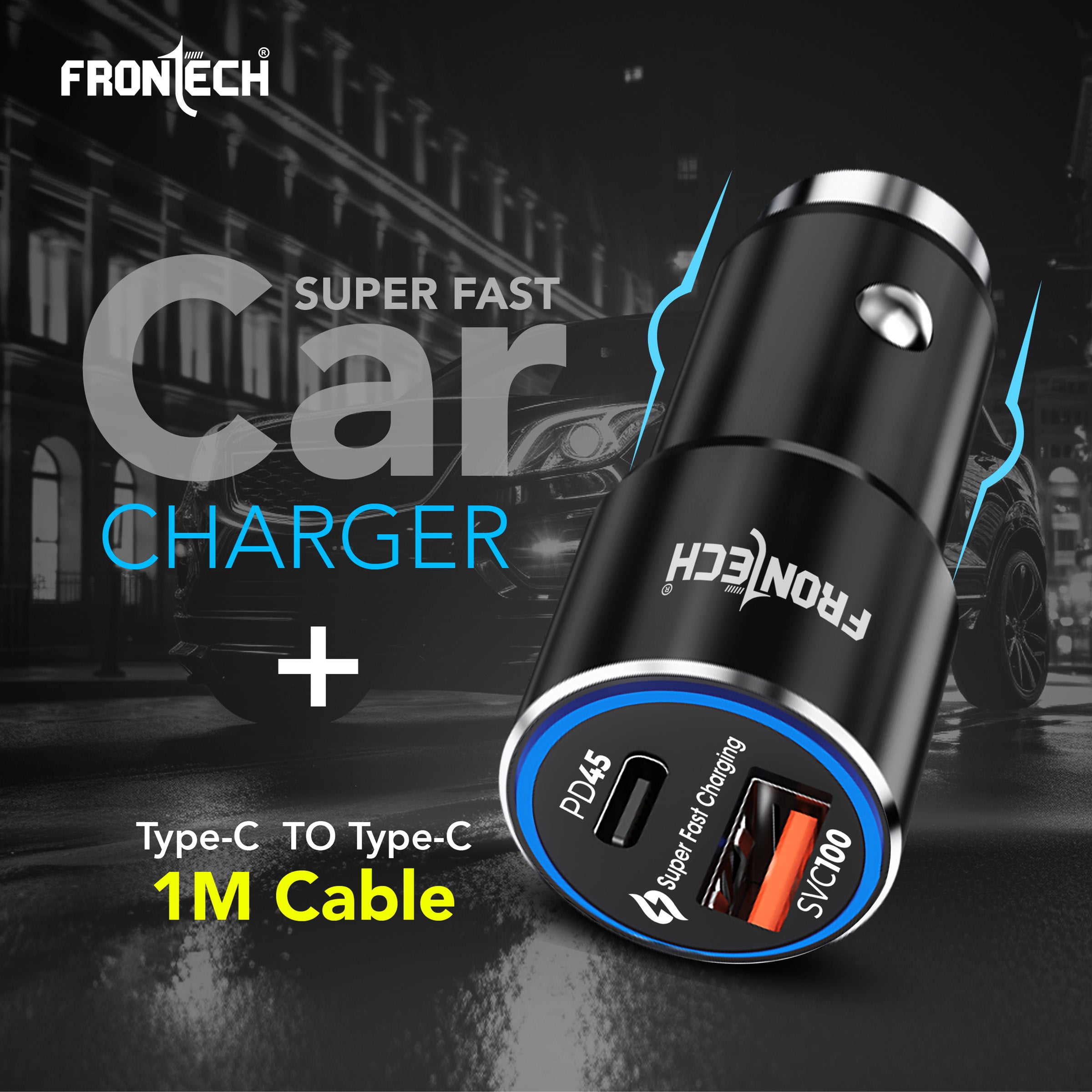 FRONTECH Super-Fast Car Charger | 145W Dual Port | Type-C PD 45W + USB QC 100W | Anti-Vibration | Compact Design | 1M Type-C Cable | Secure Fit (CCH-0005)