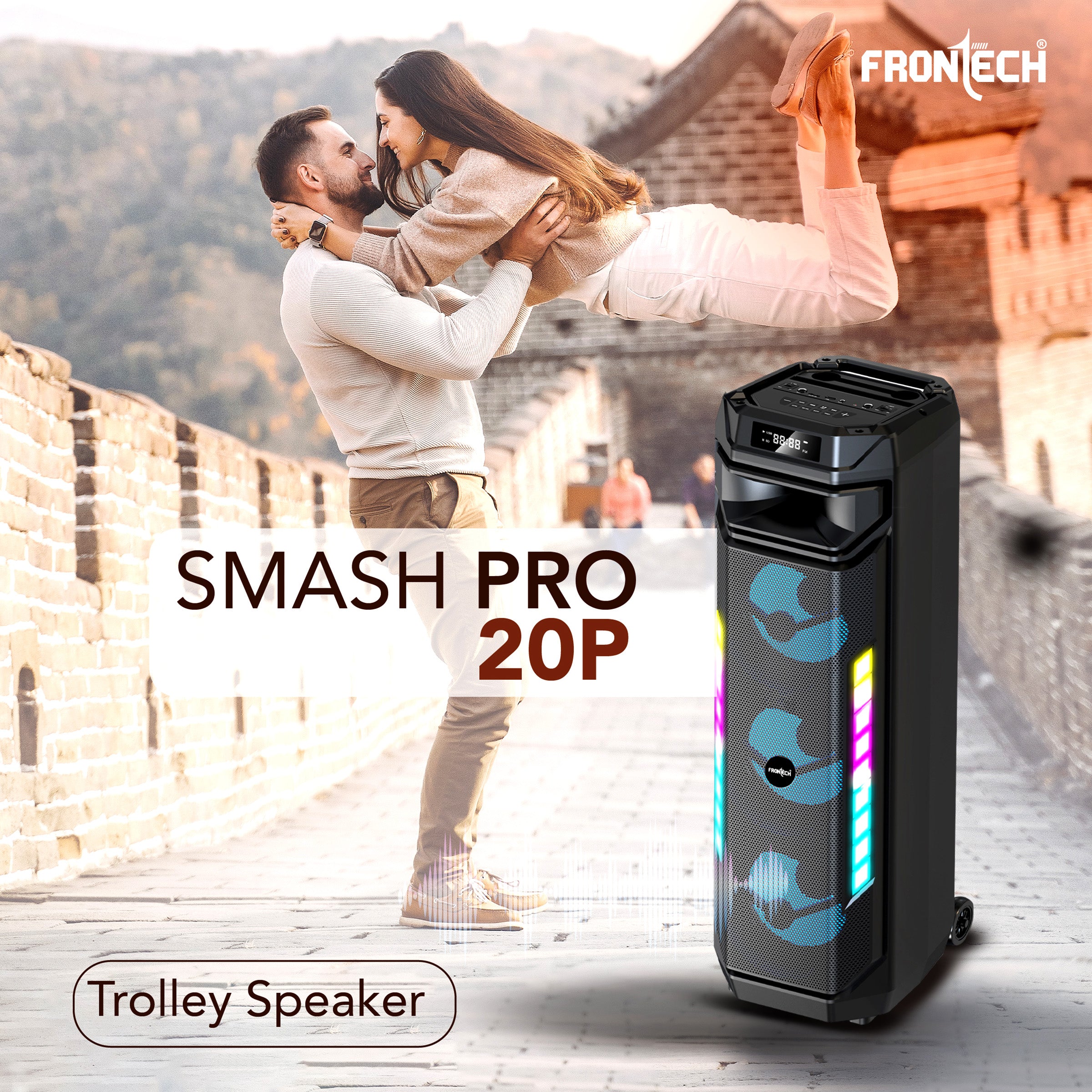Frontech Smash PRO-20P 90W Trolley Speaker | Karaoke with Wireless Mic | TWS | RGB Lights | BT 5.0 | USB/TF/AUX/FM | 6000mAh Battery | Dual Mic Ports | Recording (SW-0020P).