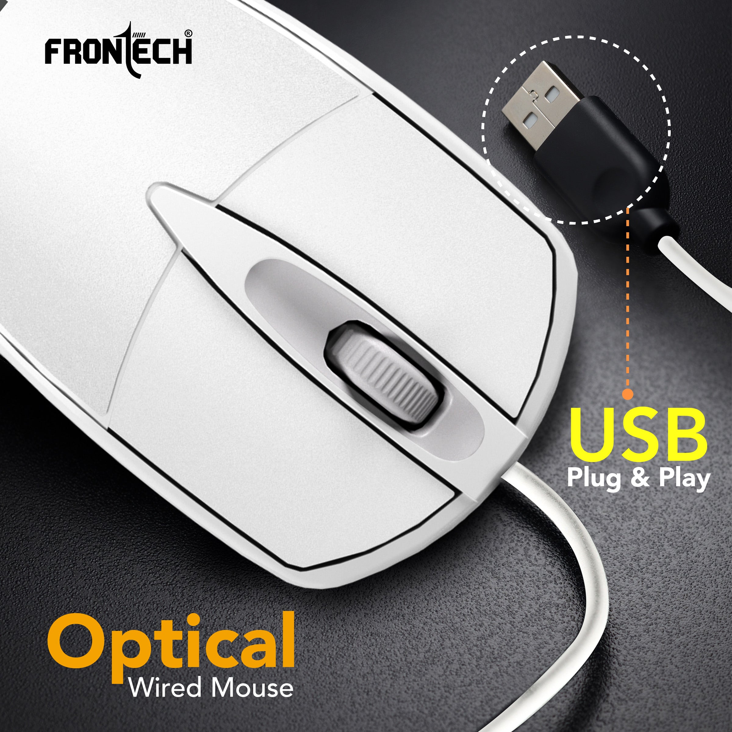 FRONTECH Precision Pro – Ultra-Quiet Ergonomic Optical USB Mouse with Smooth Scroll Wheel (MS-0047W)