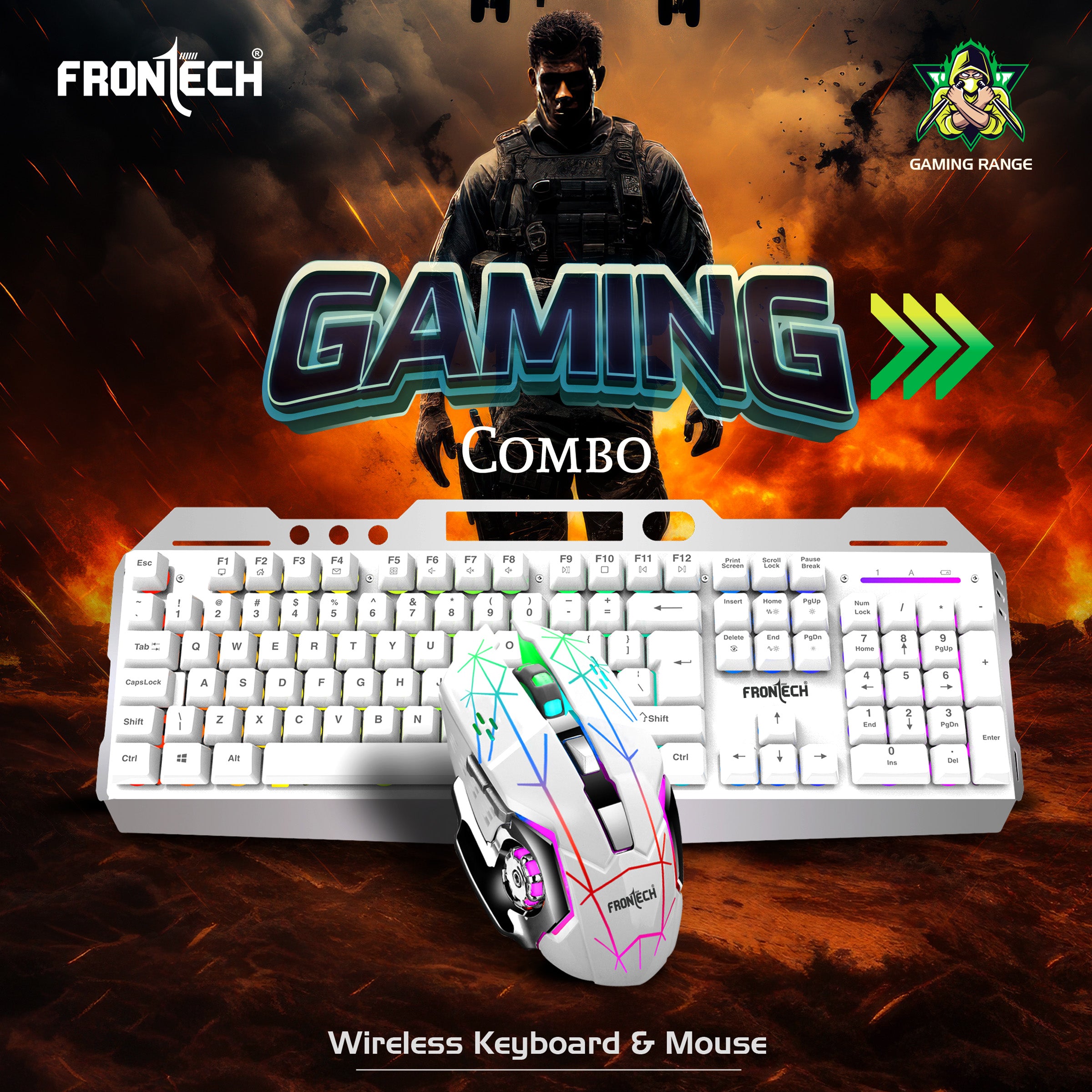FRONTECH Wireless Gaming Keyboard & Mouse Combo | Rainbow Backlit | 2.4GHz | 4800 DPI | Rechargeable | Type-C | 104 keys | Windows/Mac/Android/iOS Compatible (KB-0025W)