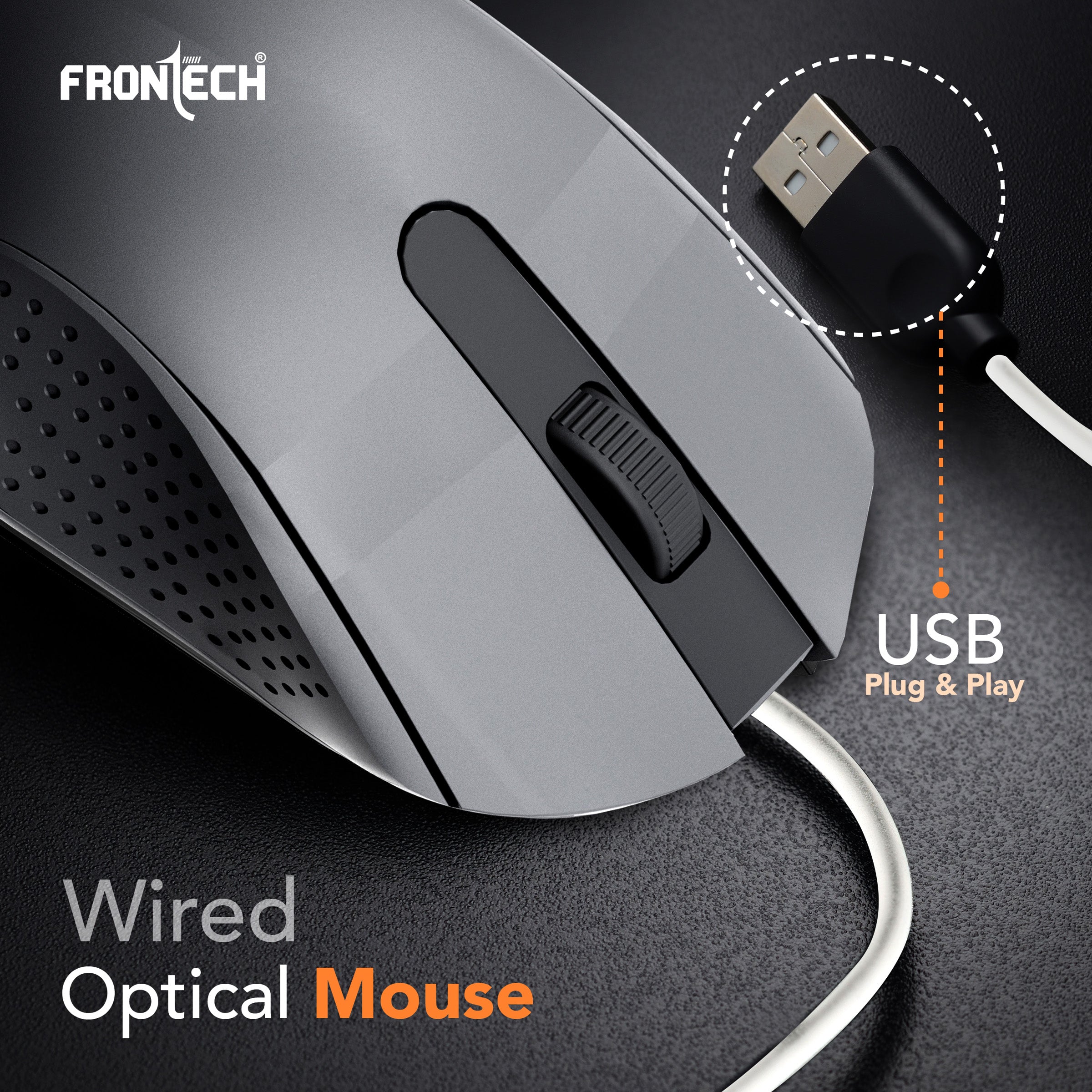 Frontech Wired USB Mouse | 3 Handy Buttons | Scroll Wheel 1200 DPI | MS-0103 Wired Optical Mouse (USB 2.0, Grey)