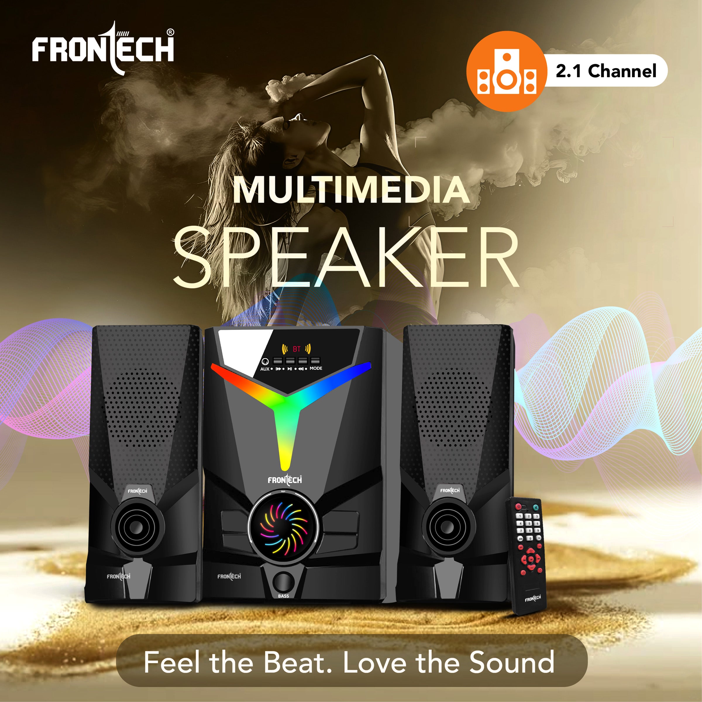 FRONTECH 40W Bluetooth 5.0 Multimedia Speaker| Powerful Bass | 2.1 Channel | Surround Sound System | USB | AUX | FM Radio | Wireless Remote Control for Home & Office (SW-0144)