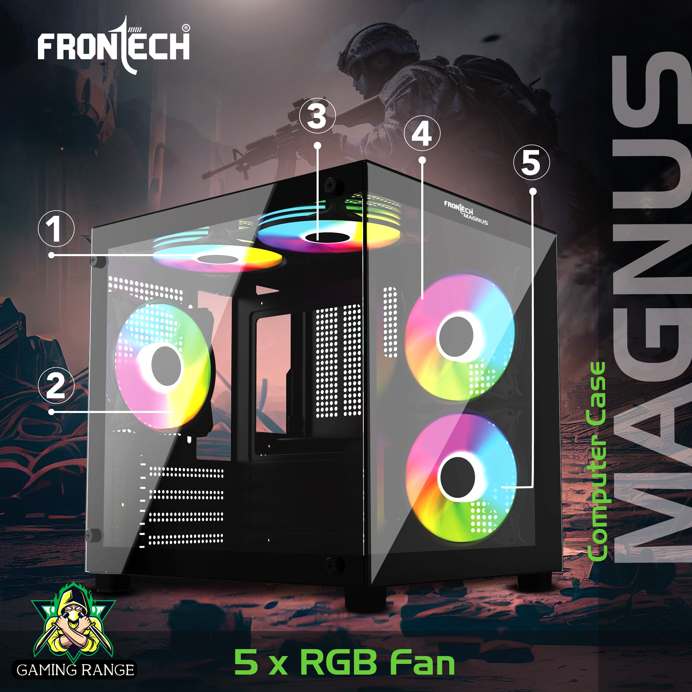Frontech Nebula Gaming PC Case – 5× 120 mm ARGB Fans, Dual Tempered Glass Panels, Washable Dust Filters, USB 3.0 I/O, Micro-ATX & Mini-ITX Compatible