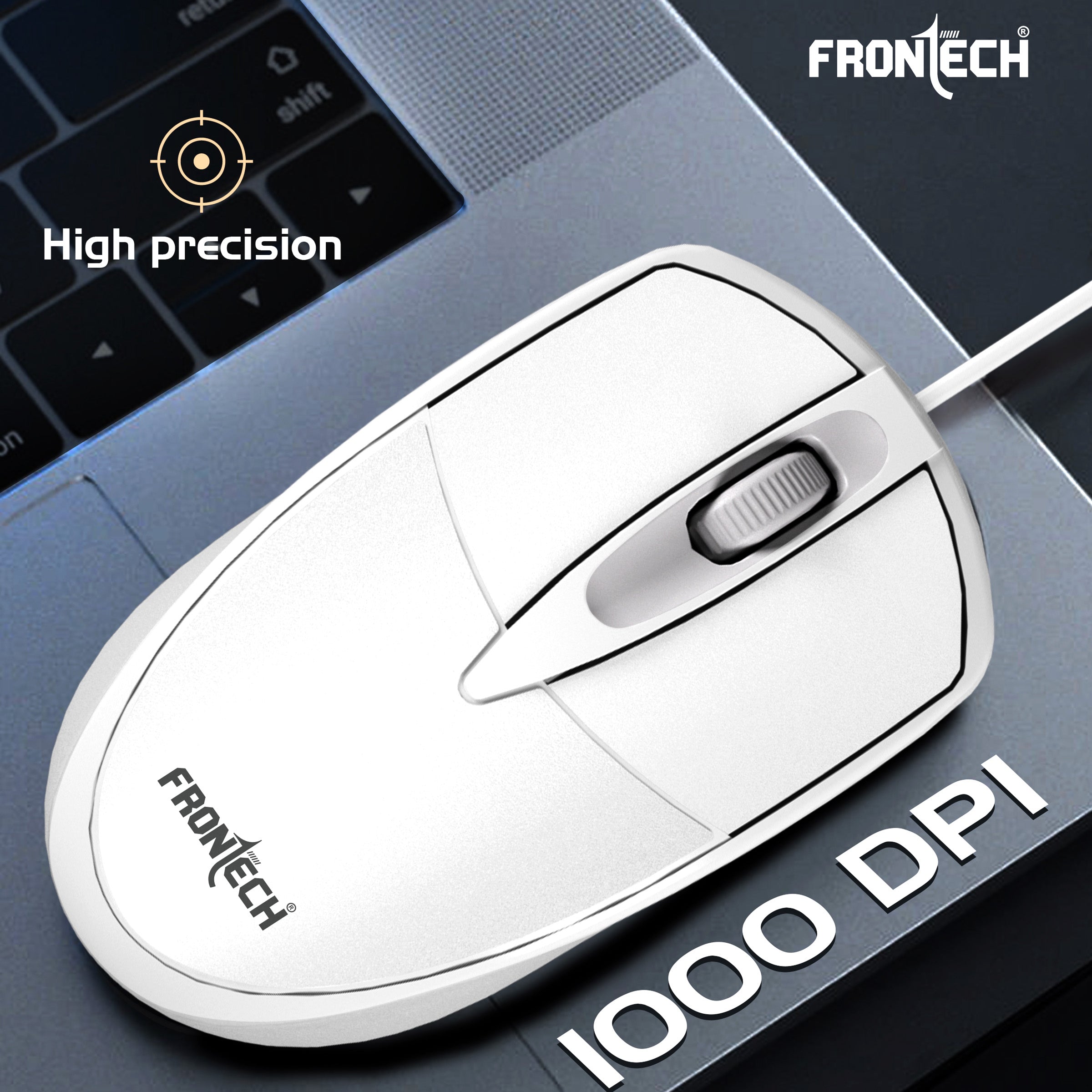 FRONTECH Precision Pro – Ultra-Quiet Ergonomic Optical USB Mouse with Smooth Scroll Wheel (MS-0047W)