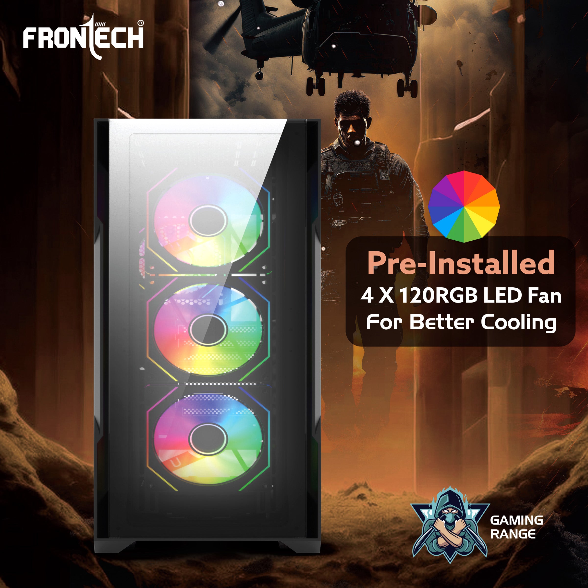 FRONTECH QUADRA Gaming Computer Cabinet | Mid-Tower PC Cabinet | 4 Pre-Installed 120mm ARGB Fans | Washable Dust Filter | Tempered Glass Side Panel | USB 3.0, USB 1.0, Type-C, HD Audio/Mic | ATX/MATX Motherboard Support (FT-4385)