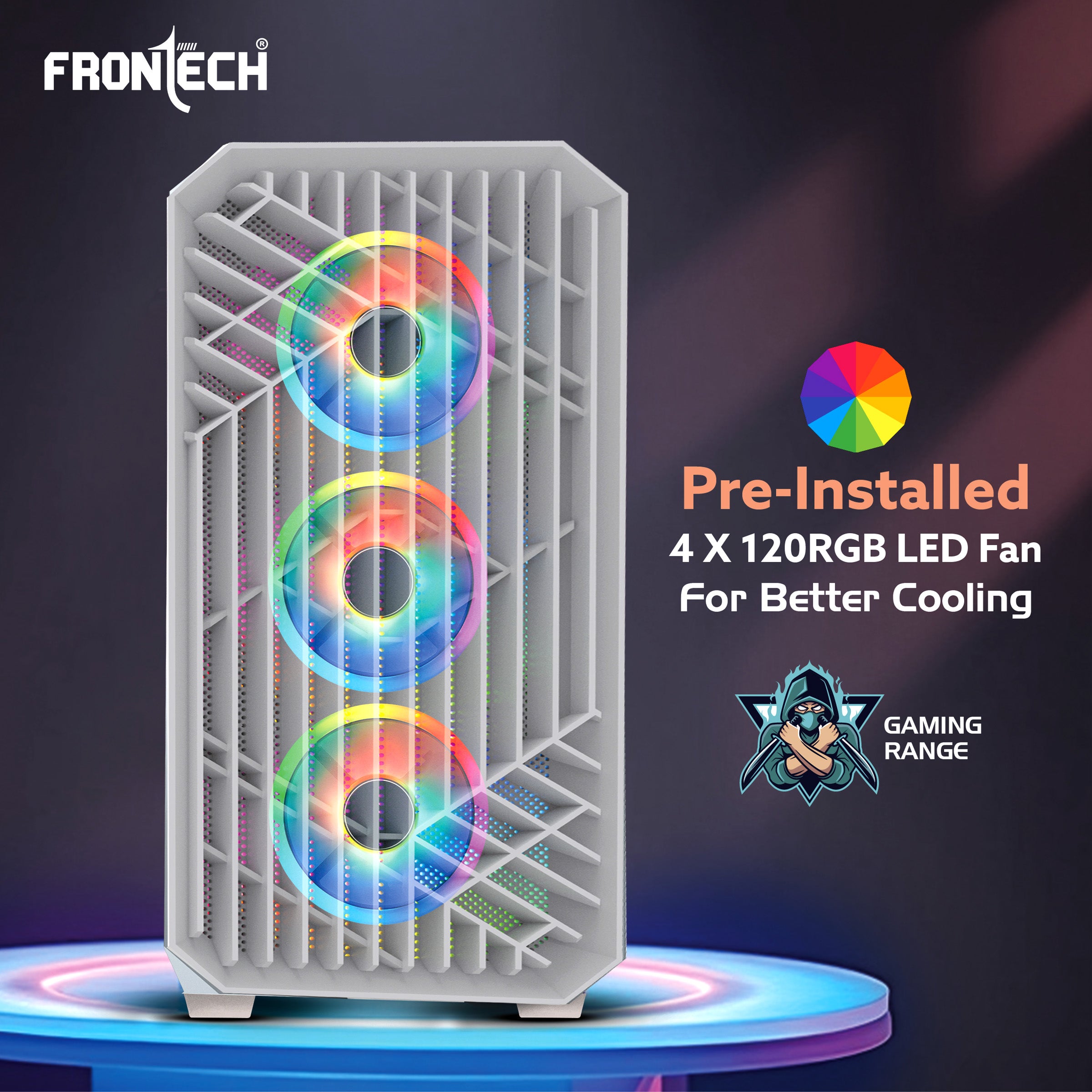 FRONTECH WAR MACHINE FT-4350 Gaming Computer Case with 4x120mm LED Fans & Acrylic Side Panel.