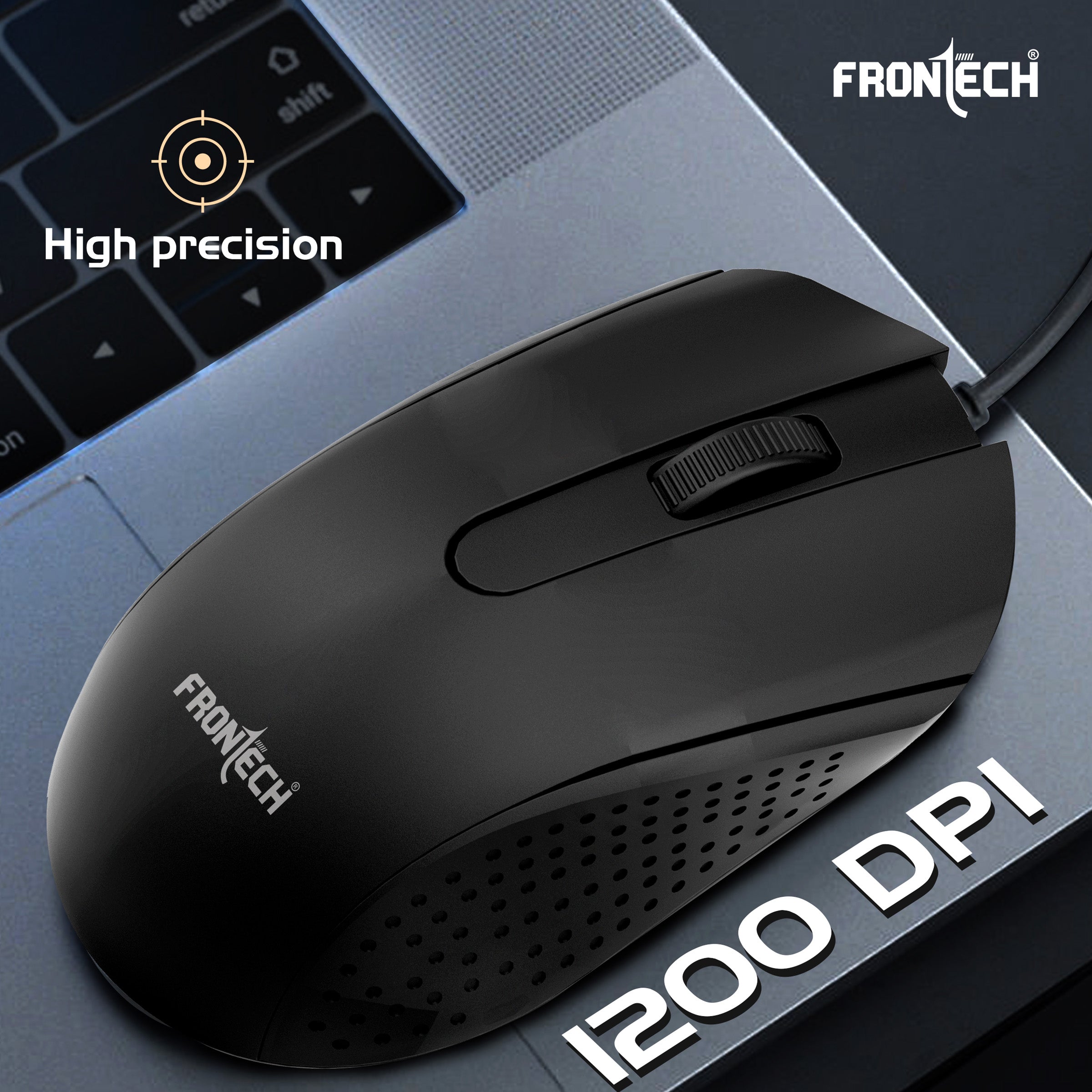 Frontech Wired USB Mouse | 3 Handy Buttons | Scroll Wheel 1200 DPI | MS-0102 Wired Optical Mouse (USB 2.0, Black)
