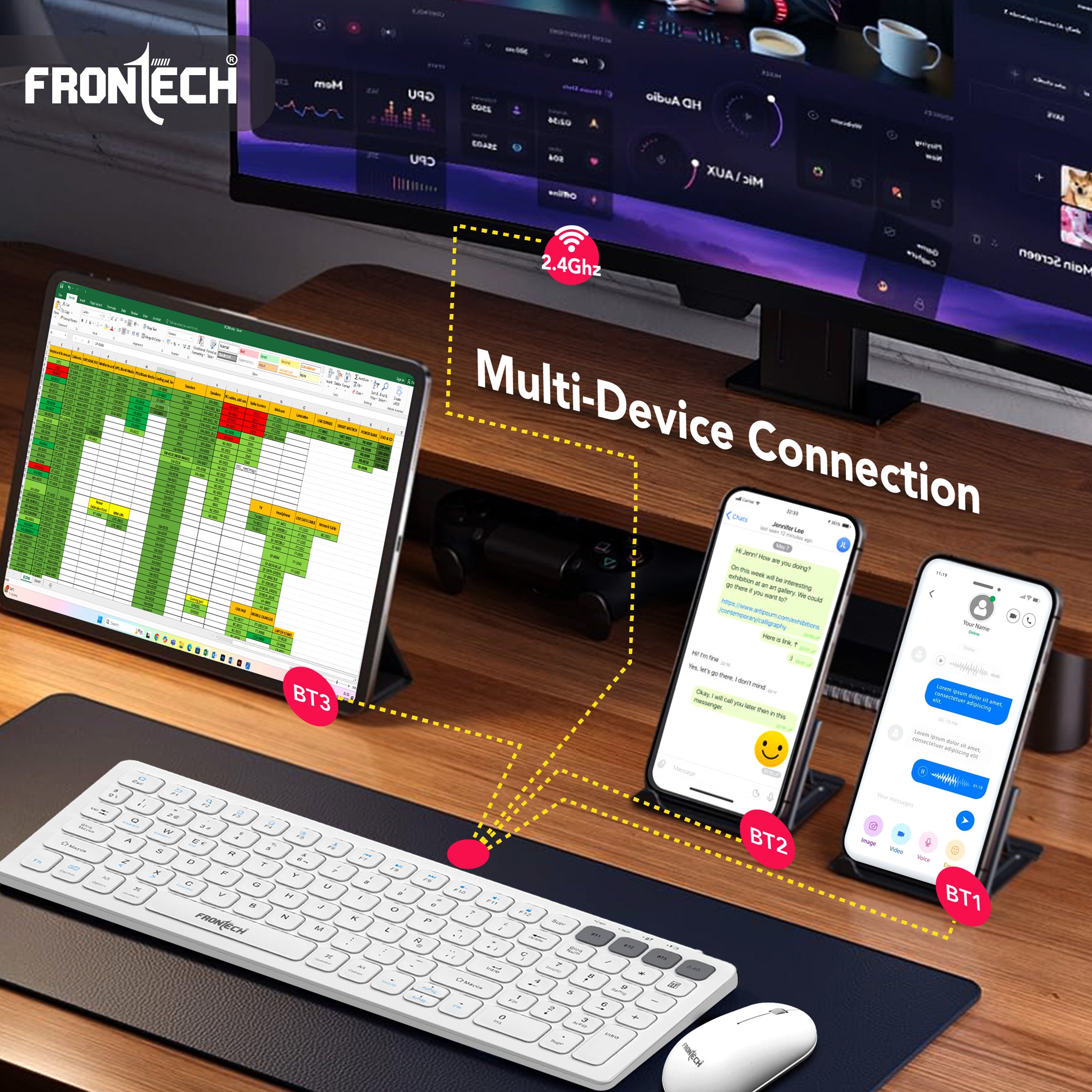 Frontech wireless keyboard & mouse combo | 2.4 Ghz |Transmission with built-in rechargeable battery |Multi-Device connection ( FT-1602A )