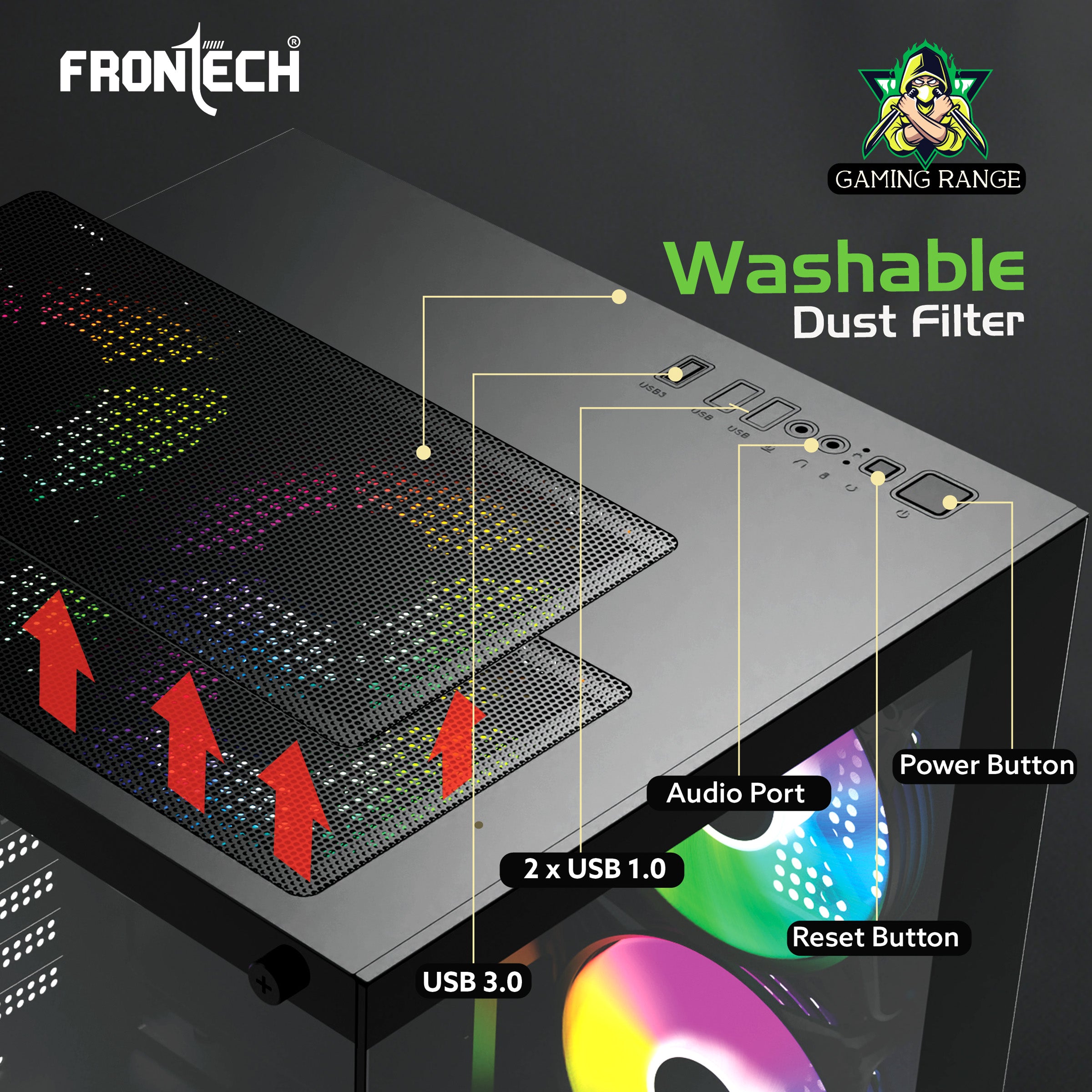 Frontech Nebula Gaming PC Case – 5× 120 mm ARGB Fans, Dual Tempered Glass Panels, Washable Dust Filters, USB 3.0 I/O, Micro-ATX & Mini-ITX Compatible
