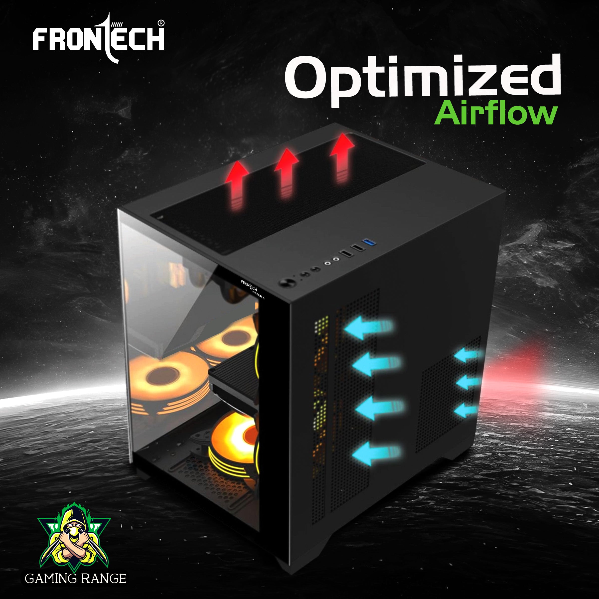 Frontech NEBULA FT-4382 Black Gaming Computer Case with ARGB & Tempered Glass | Dust Filter | USB 3.0 & 1.1 | HD Audio