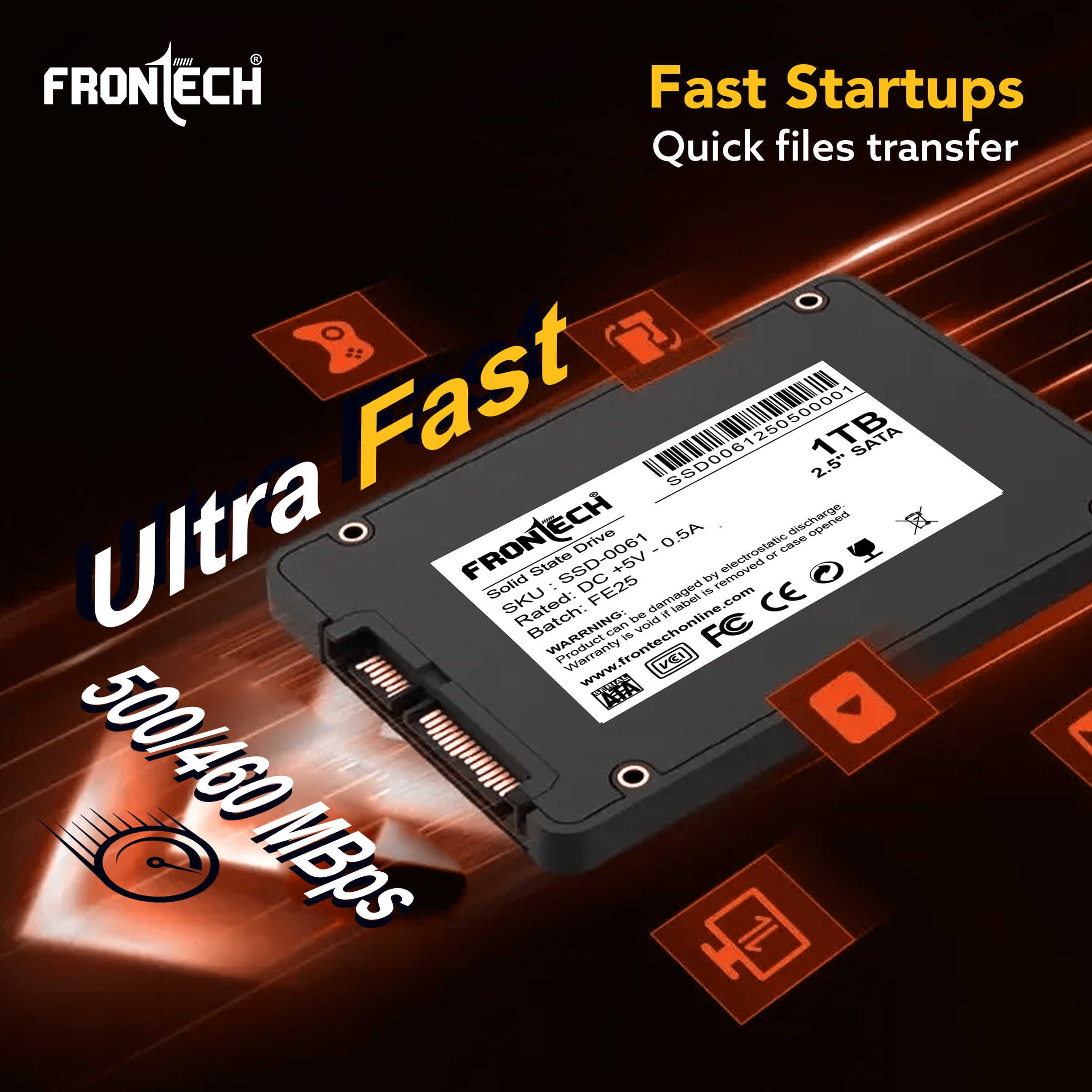 Frontech 1TB 2.5″ SATA III SSD – Up to 500 MB/s Read & 460 MB/s Write, Ultra-Slim High-Speed Solid State Drive for Gaming, Laptops & Desktops