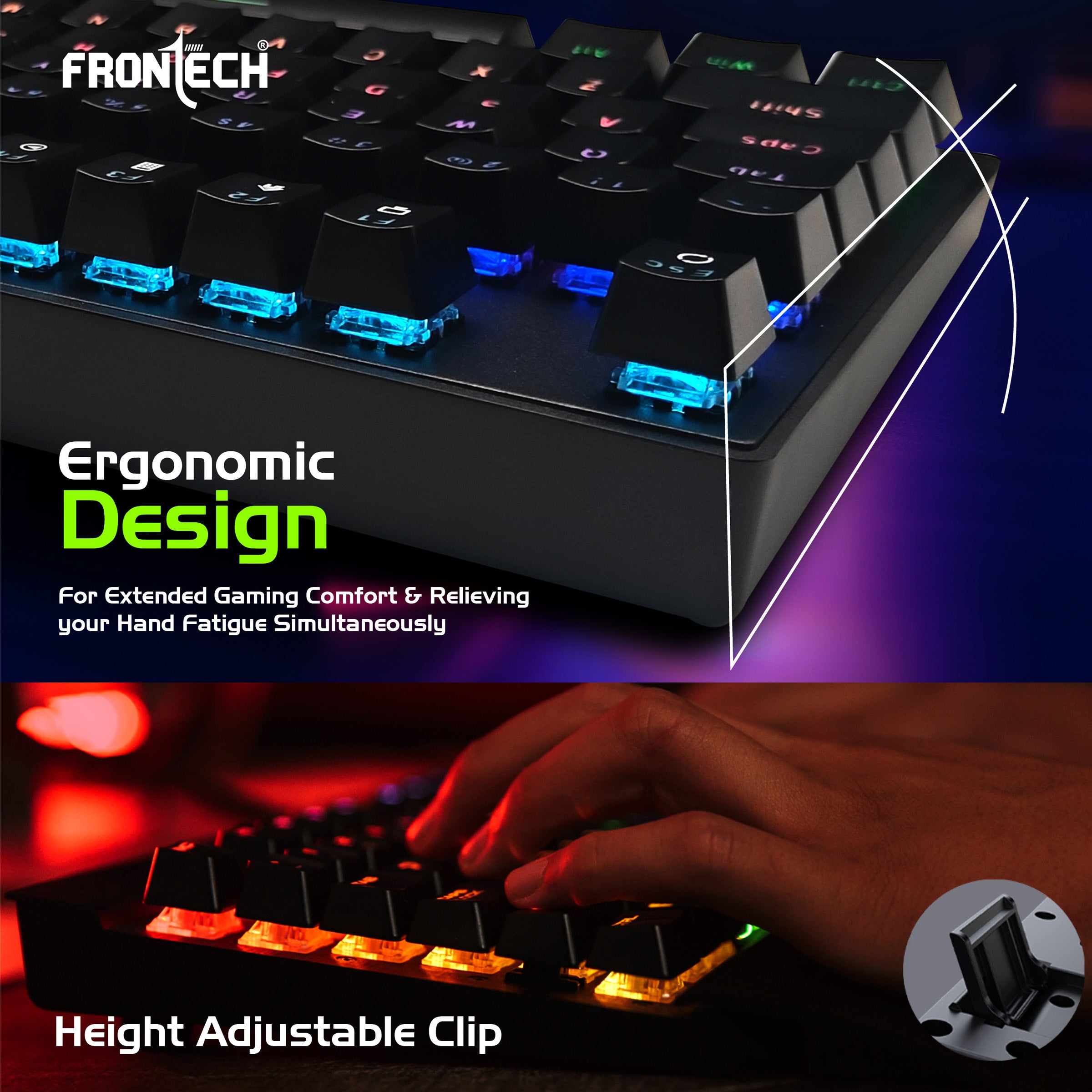 Frontech Wired Mechanical Gaming Keyboard | 104 Keys | Rainbow Backlit | Anti-Ghosting | Ergonomic Design | 12 Multimedia Hotkeys | Height Adjustable | 1-Year Warranty (KB-0014P)