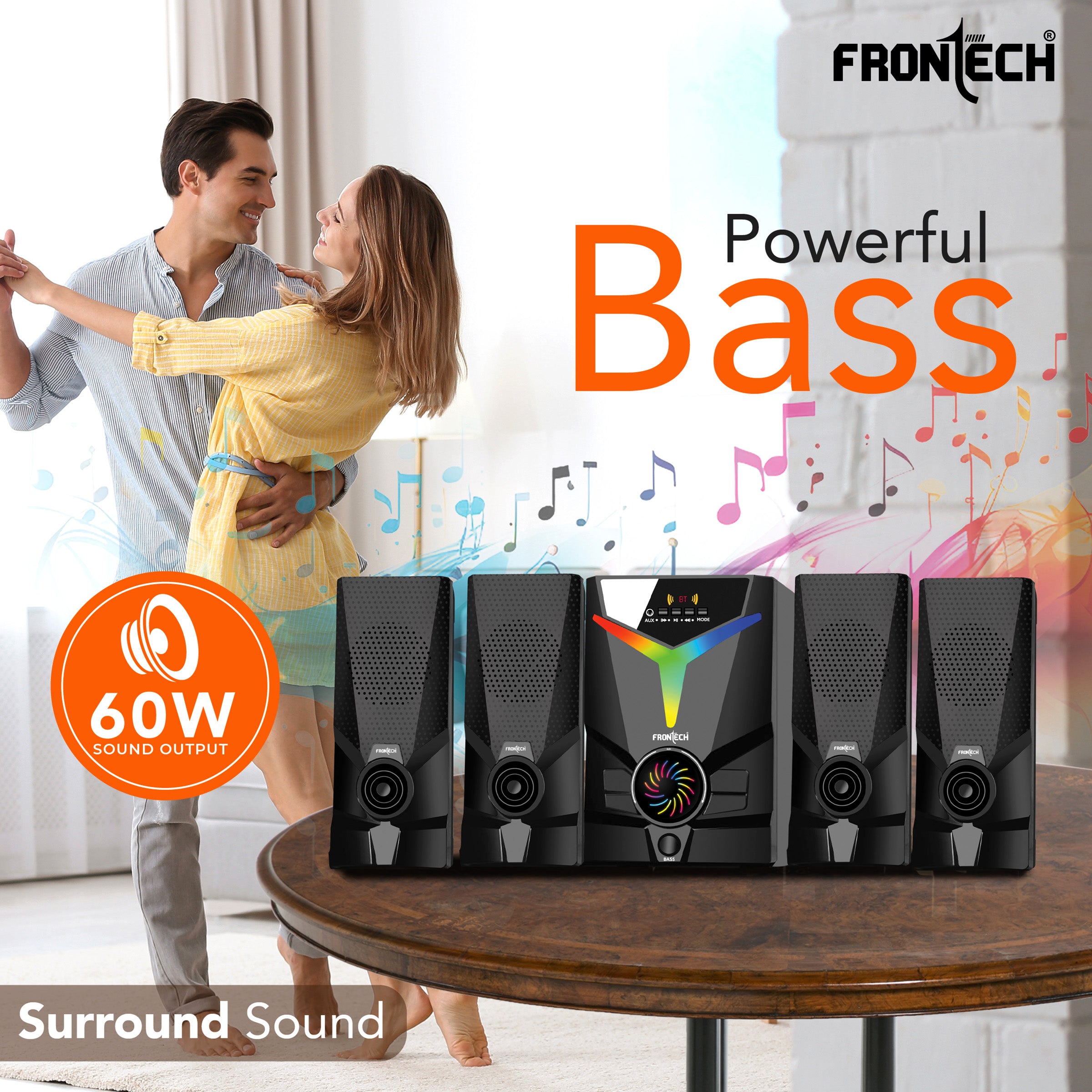 FRONTECH 60W Bluetooth 5.0 Multimedia Speaker| Powerful Bass | 4.1 Channel |Surround Sound System | USB | AUX | FM Radio | Wireless Remote Control for Home & Office (SW-0155)