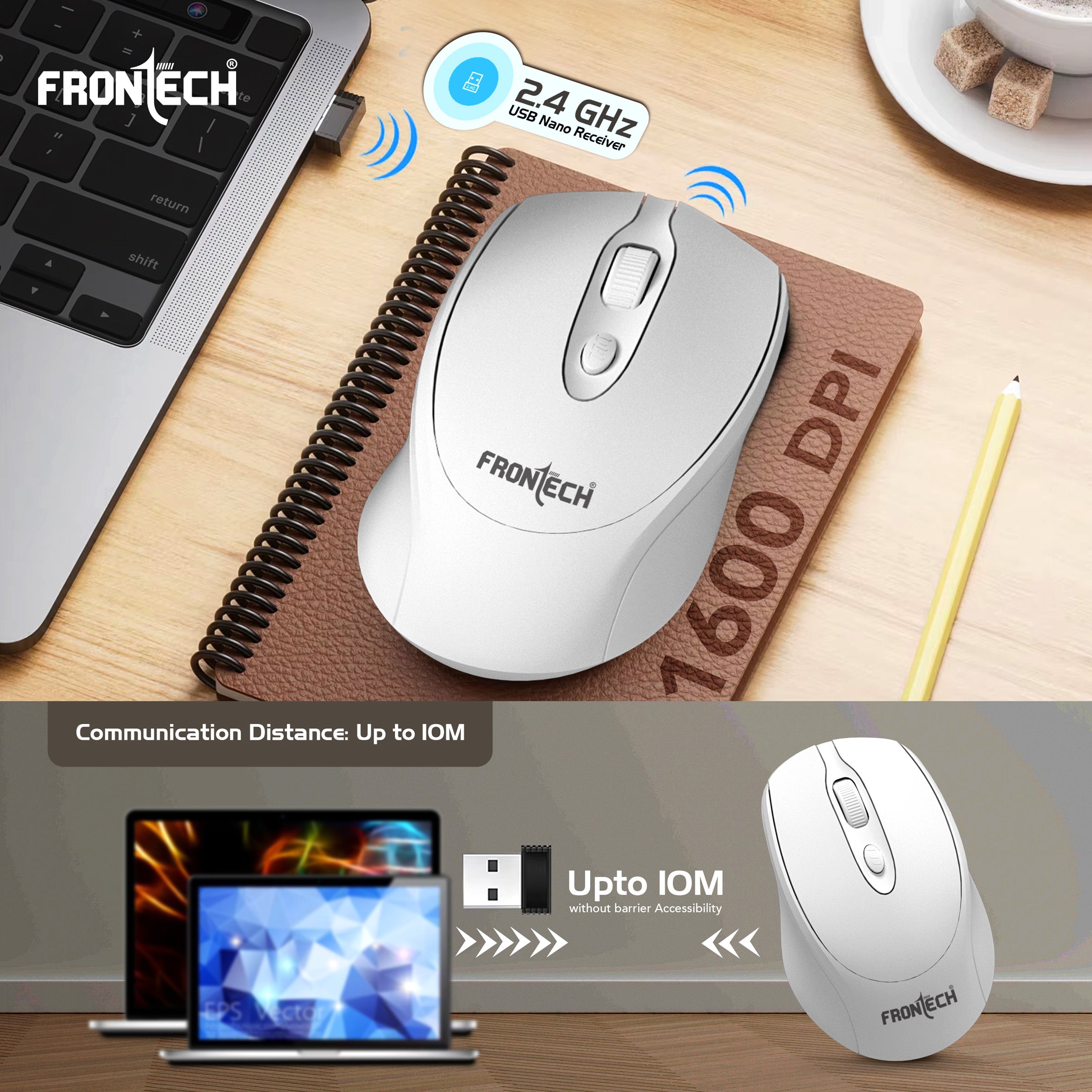 Frontech 2.4Ghz Wireless Keyboard and Mouse|104 Keys|1600 DPI|KB-0031| Combo Set (White)