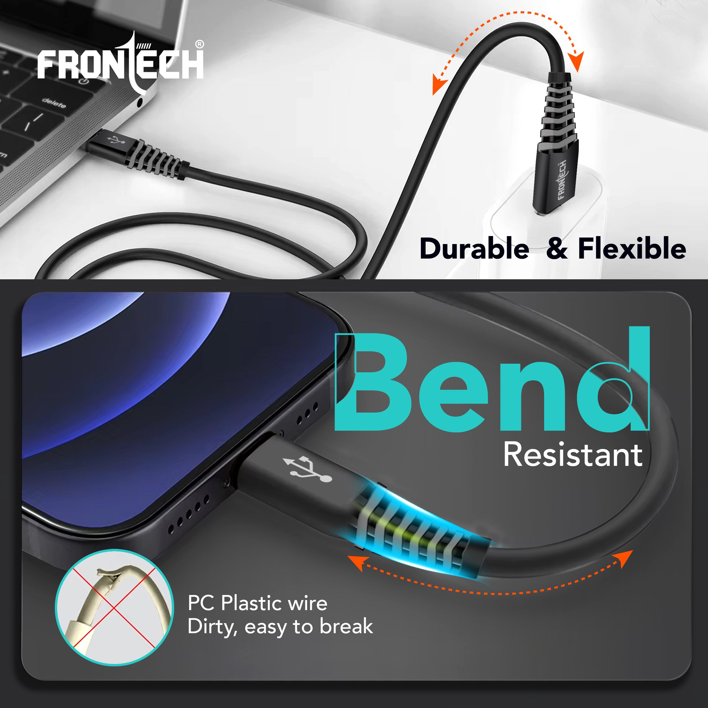 FRONTECH 12W / 2.4A Super Fast Charging 1M PVC USB to Type-C Data Cable for Smartphones, Tablets, Laptops & other Micro USB V8 Devices, Charging and Data Sync (1023 - Black)