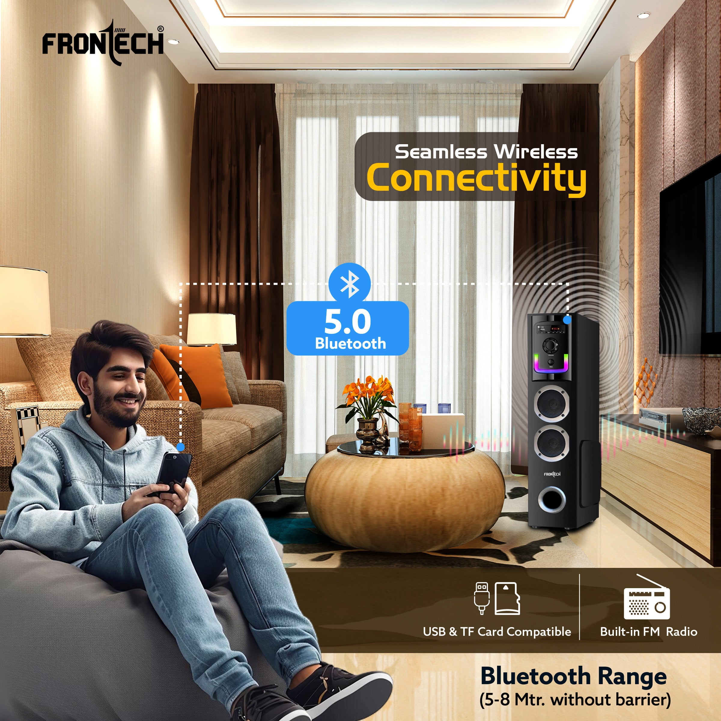 Frontech CRUX-167 60W Bluetooth Tower Speaker|1.0 Tower design | Wired Mic | RGB Lighting | Remote Control | Built-in FM Radio| BT Connectivity | USB | Karaoke, TV, PC & Smartphone Compatible (SW-0167)