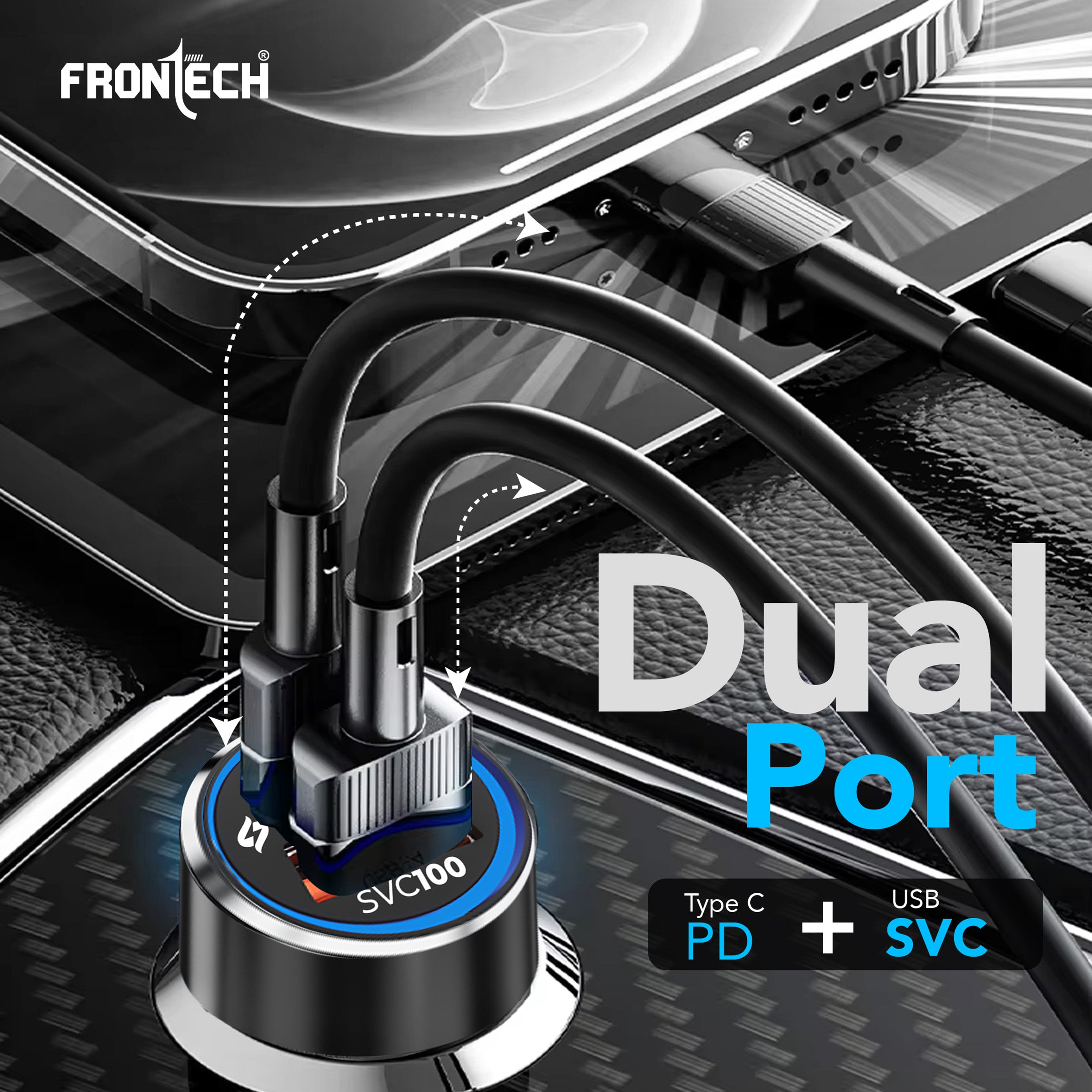 FRONTECH Super-Fast Car Charger | 145W Dual Port | Type-C PD 45W + USB QC 100W | Anti-Vibration | Compact Design | 1M Type-C Cable | Secure Fit (CCH-0005)