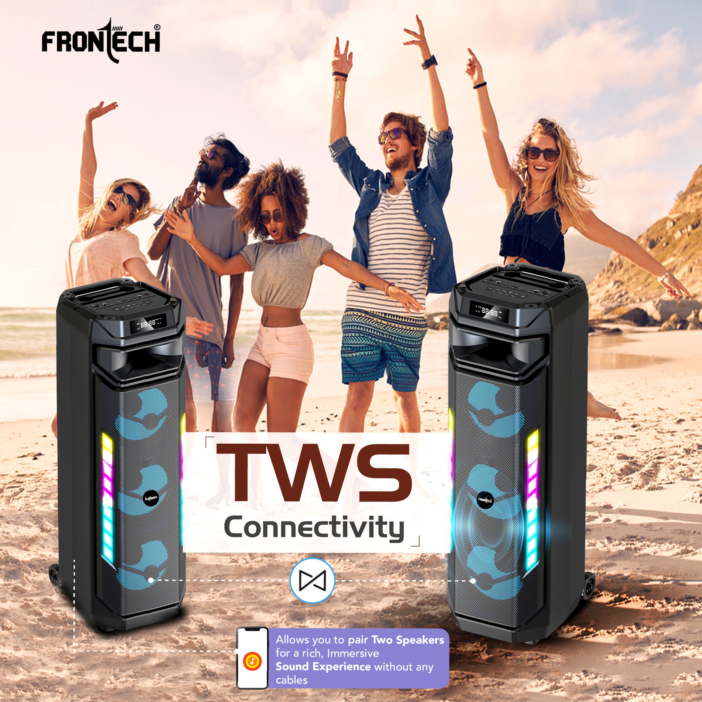 Frontech Smash PRO-20P 90W Trolley Speaker | Karaoke with Wireless Mic | TWS | RGB Lights | BT 5.0 | USB/TF/AUX/FM | 6000mAh Battery | Dual Mic Ports | Recording (SW-0020P).