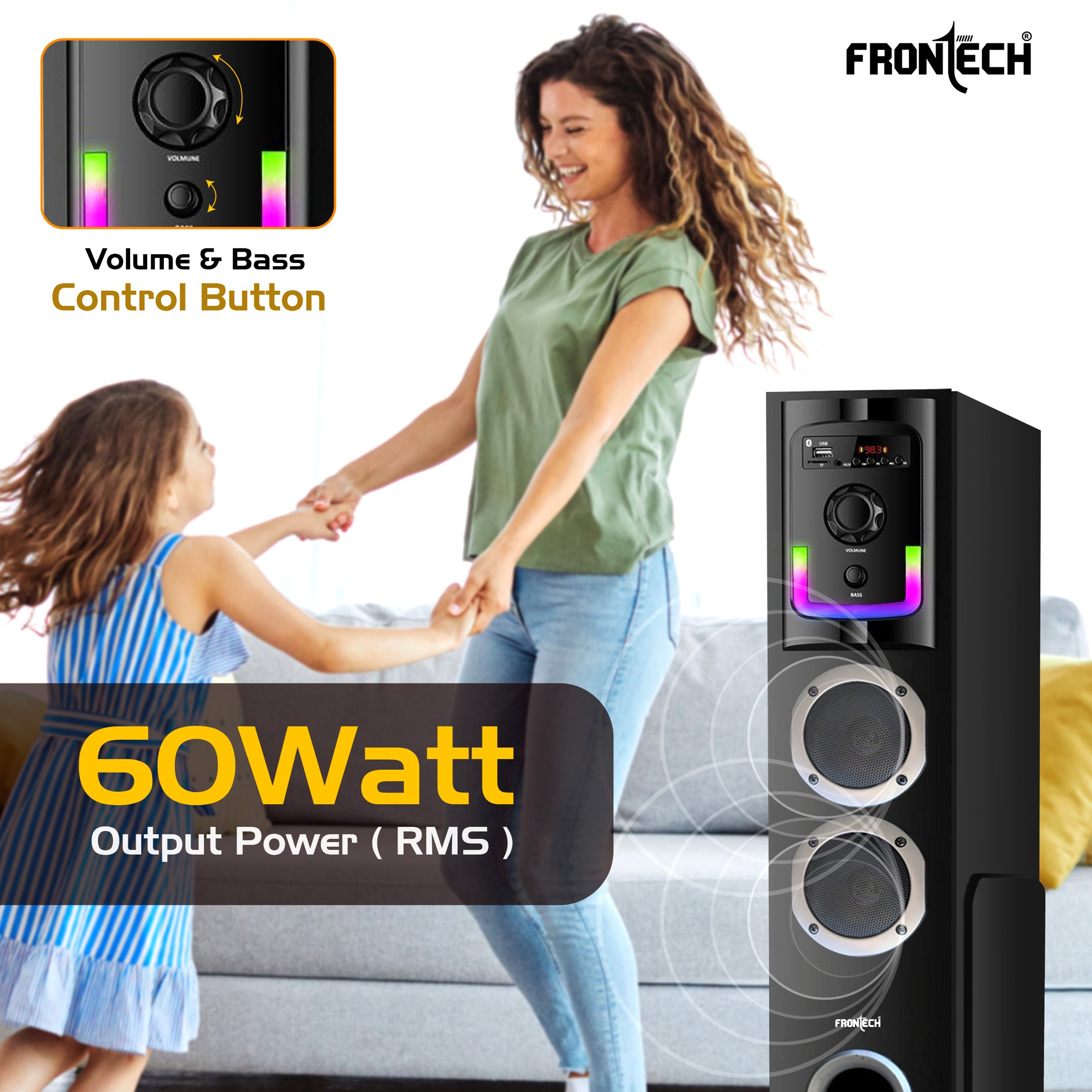 Frontech CRUX-167 60W Bluetooth Tower Speaker|1.0 Tower design | Wired Mic | RGB Lighting | Remote Control | Built-in FM Radio| BT Connectivity | USB | Karaoke, TV, PC & Smartphone Compatible (SW-0167)