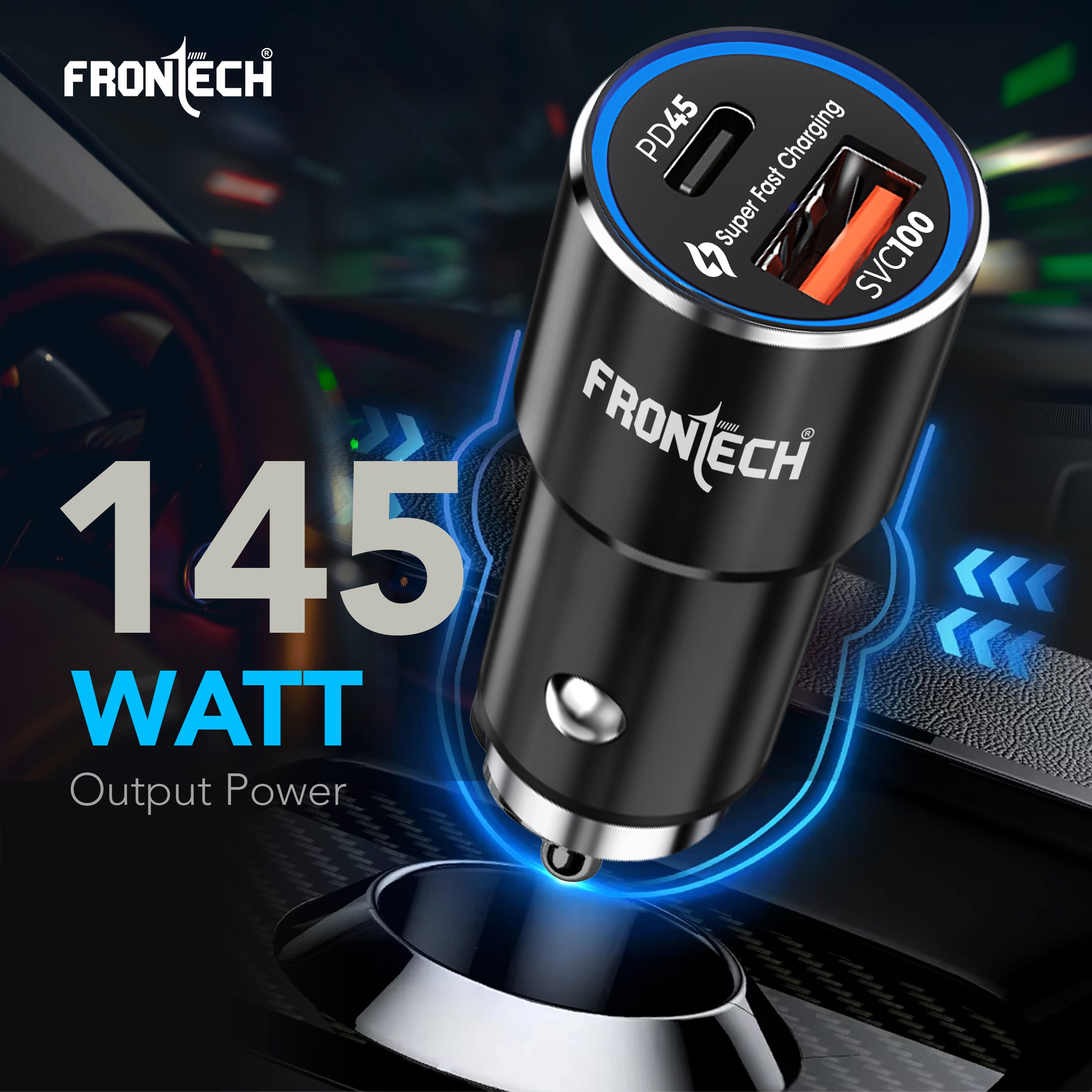 FRONTECH Super-Fast Car Charger | 145W Dual Port | Type-C PD 45W + USB QC 100W | Anti-Vibration | Compact Design | 1M Type-C Cable | Secure Fit (CCH-0005)