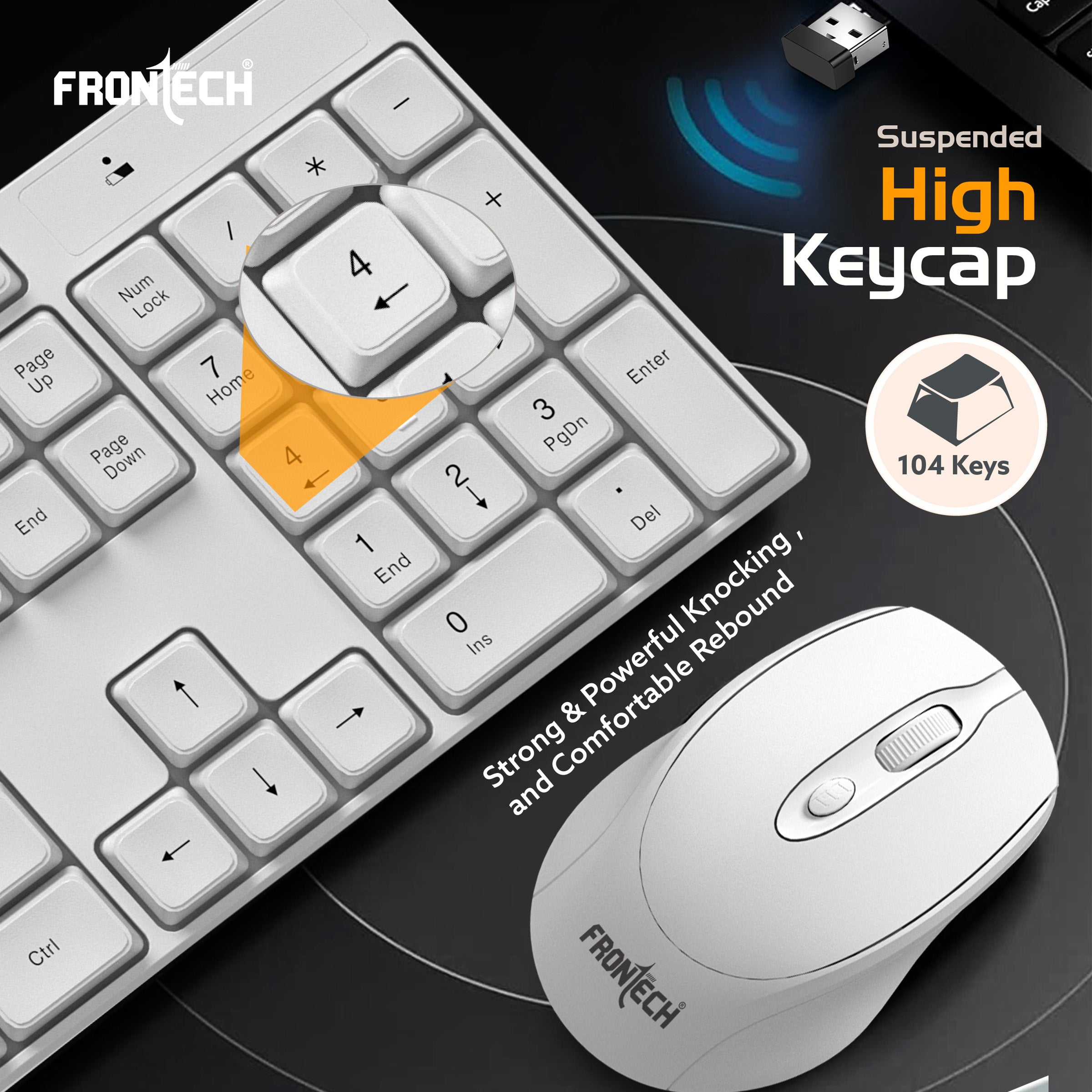 Frontech 2.4Ghz Wireless Keyboard and Mouse|104 Keys|1600 DPI|KB-0031| Combo Set (White)