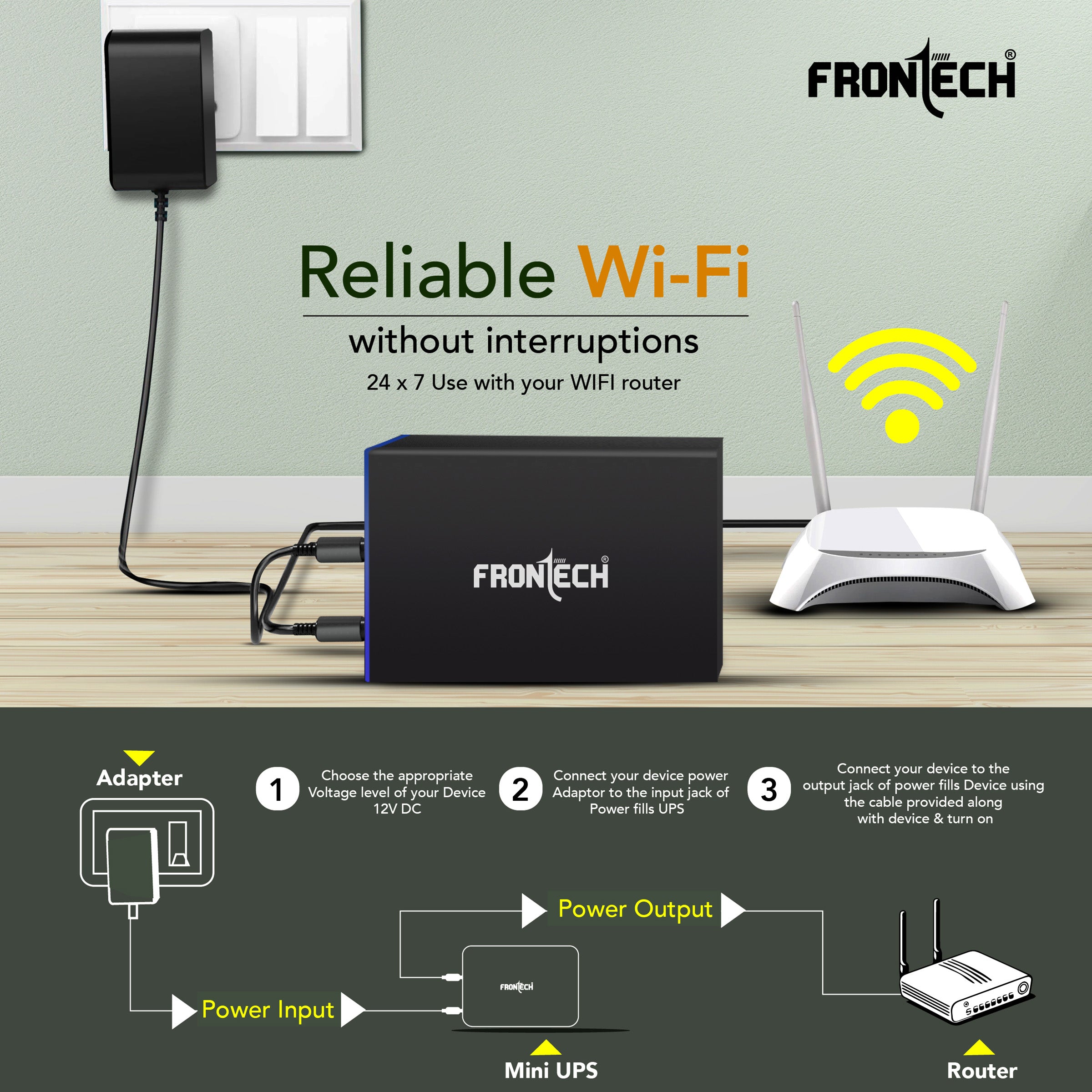 FRONTECH Mini UPS - Reliable 4400mAh Power Backup for Wi-Fi Routers with Surge Protection(UPS-0022)