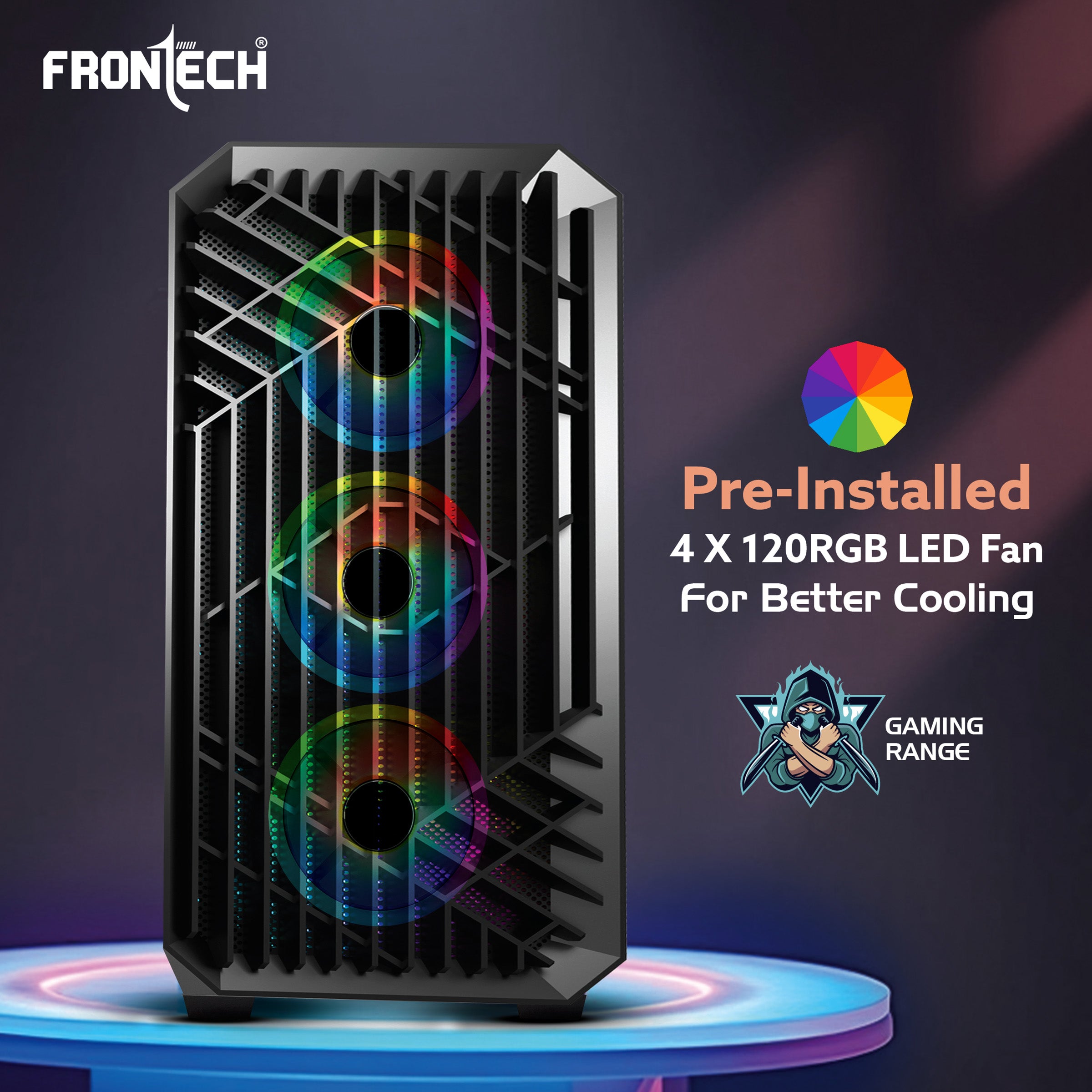 FRONTECH WAR MACHINE FT-4349 Gaming Computer Case with 4x120mm LED Fans & Acrylic Side Panel.