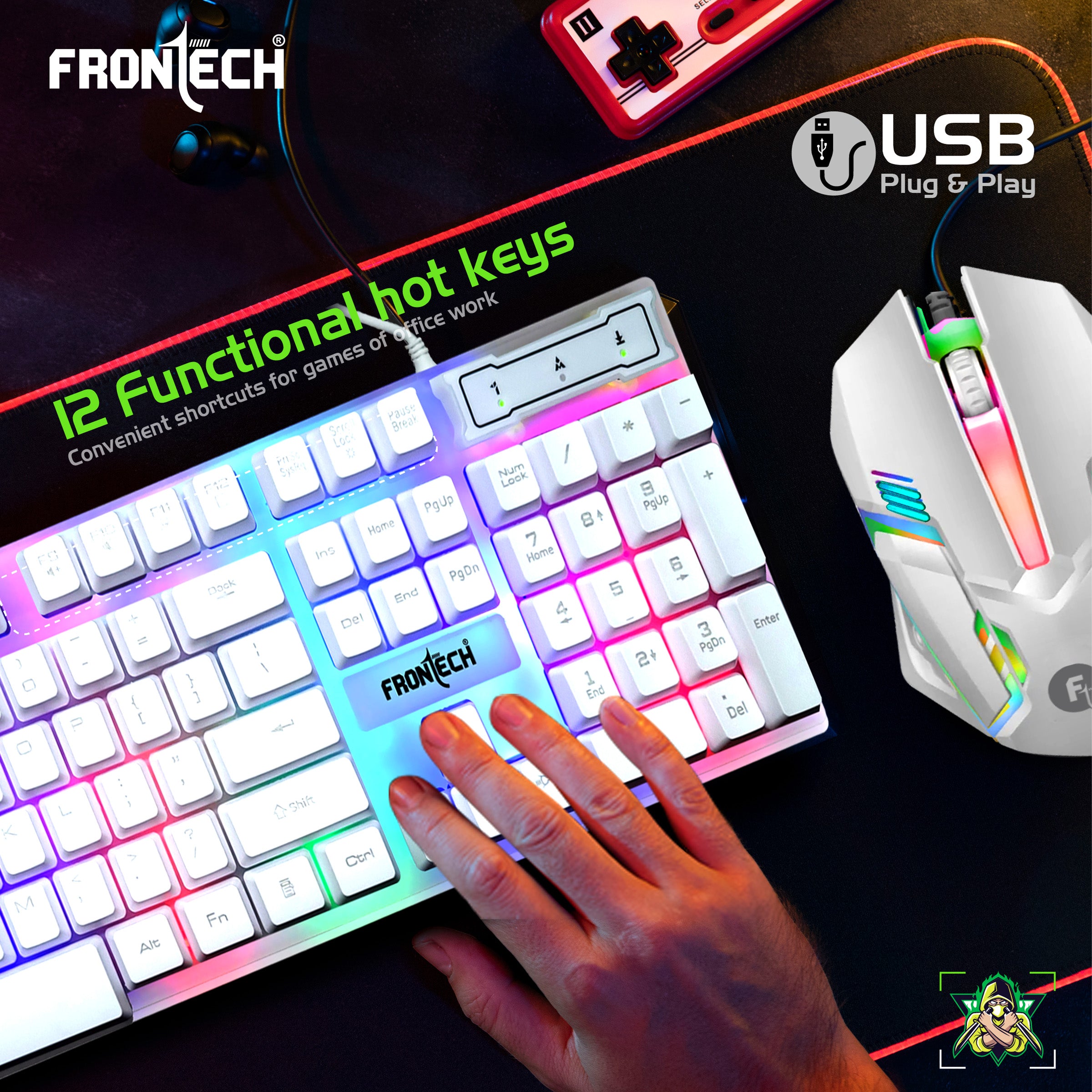 Frontech KB-0040PW Wired Gaming Keyboard and Optical Mouse | RGB Backlight | 105 Keys Combo Set (White)