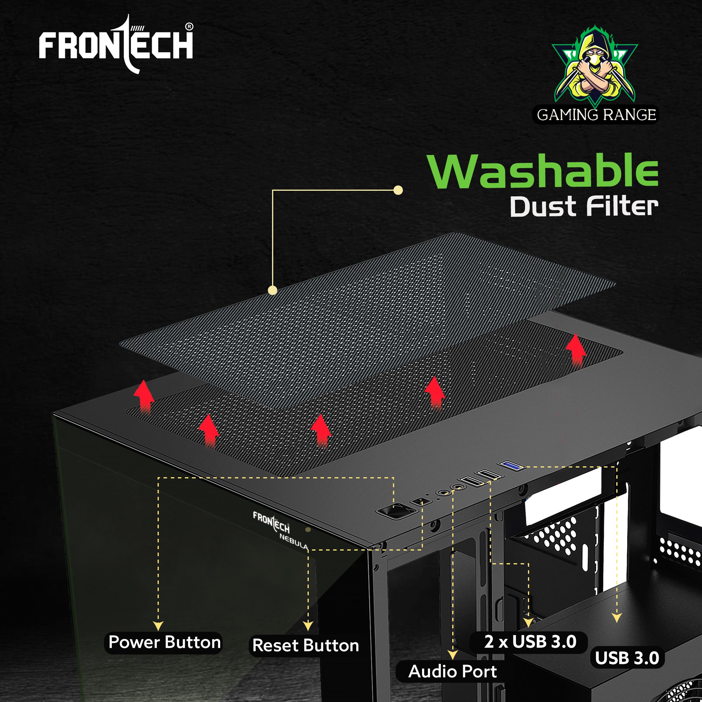 Frontech NEBULA FT-4382 Black Gaming Computer Case with ARGB & Tempered Glass | Dust Filter | USB 3.0 & 1.1 | HD Audio